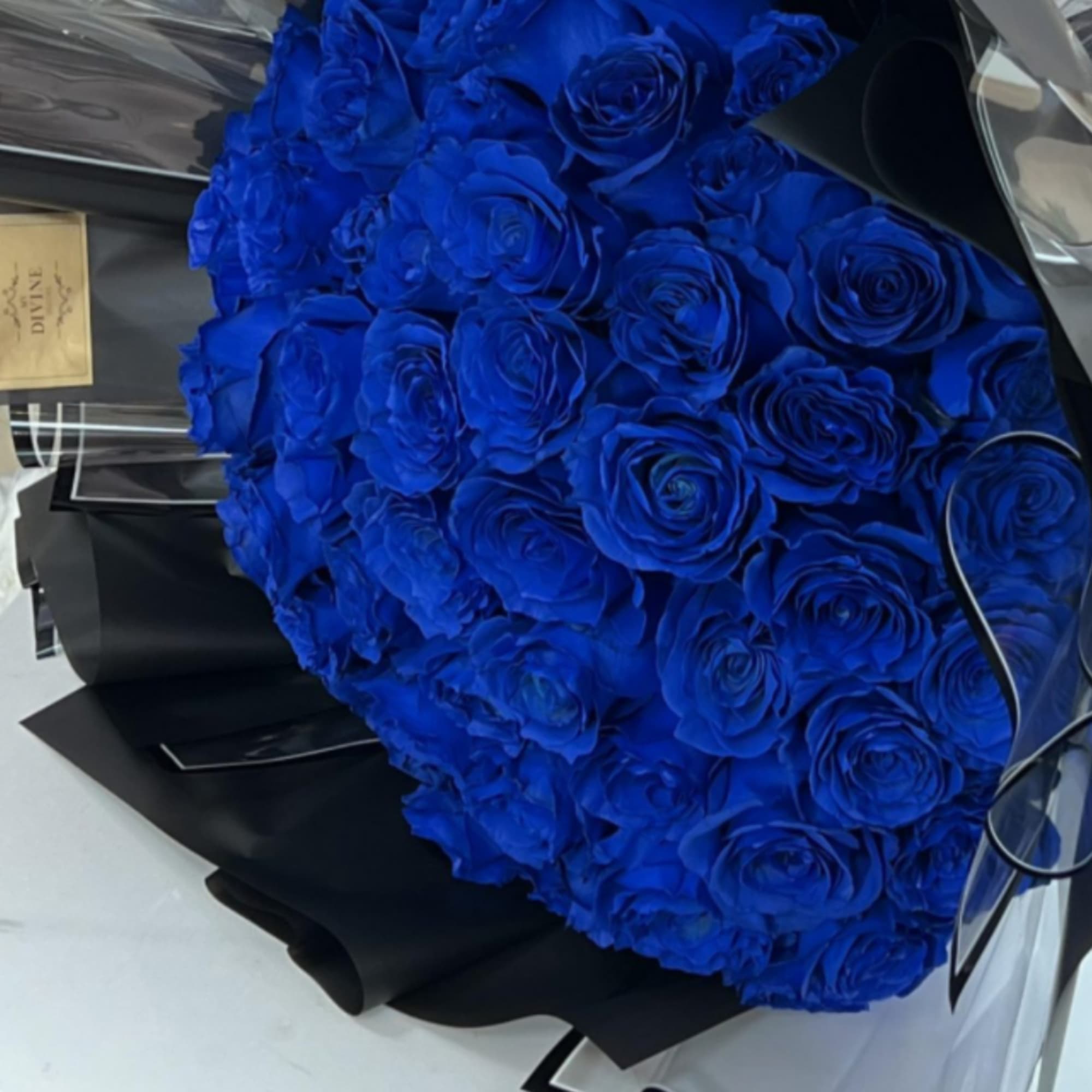 This is an elegant an beutiful blue bouquet wrapped in a Korean
