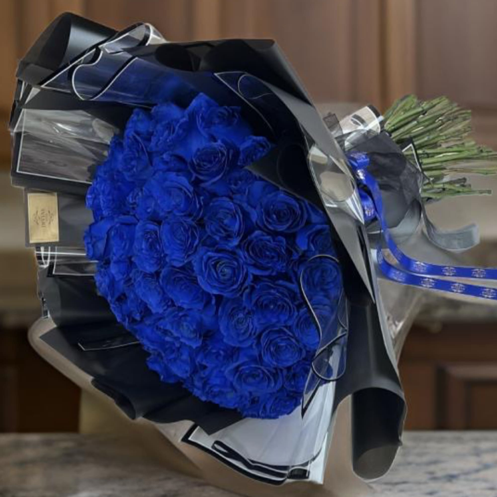 This is an elegant an beutiful blue bouquet wrapped in a Korean