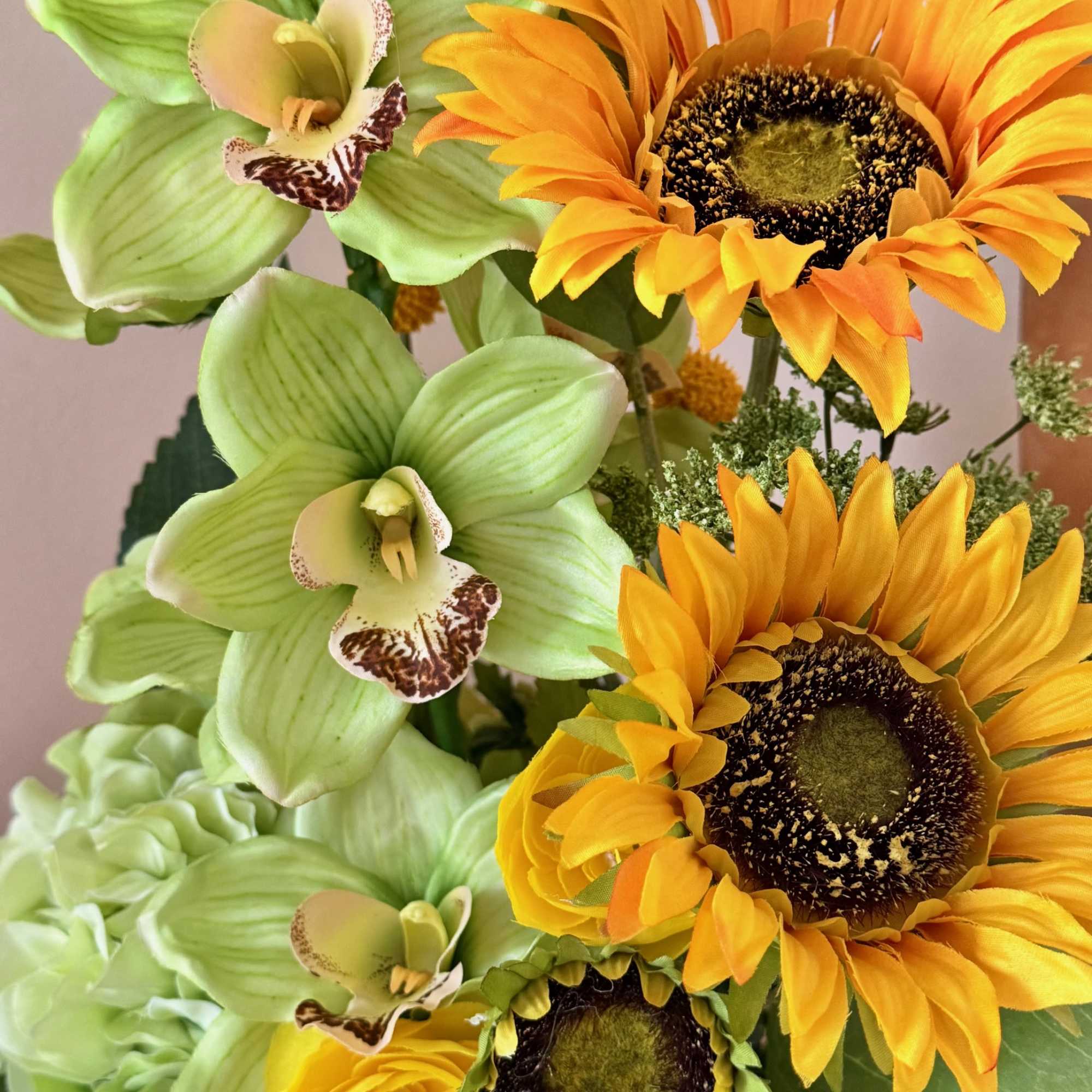 Bouquet of green orchids and yellow sunflowers, photo 6 of 6
