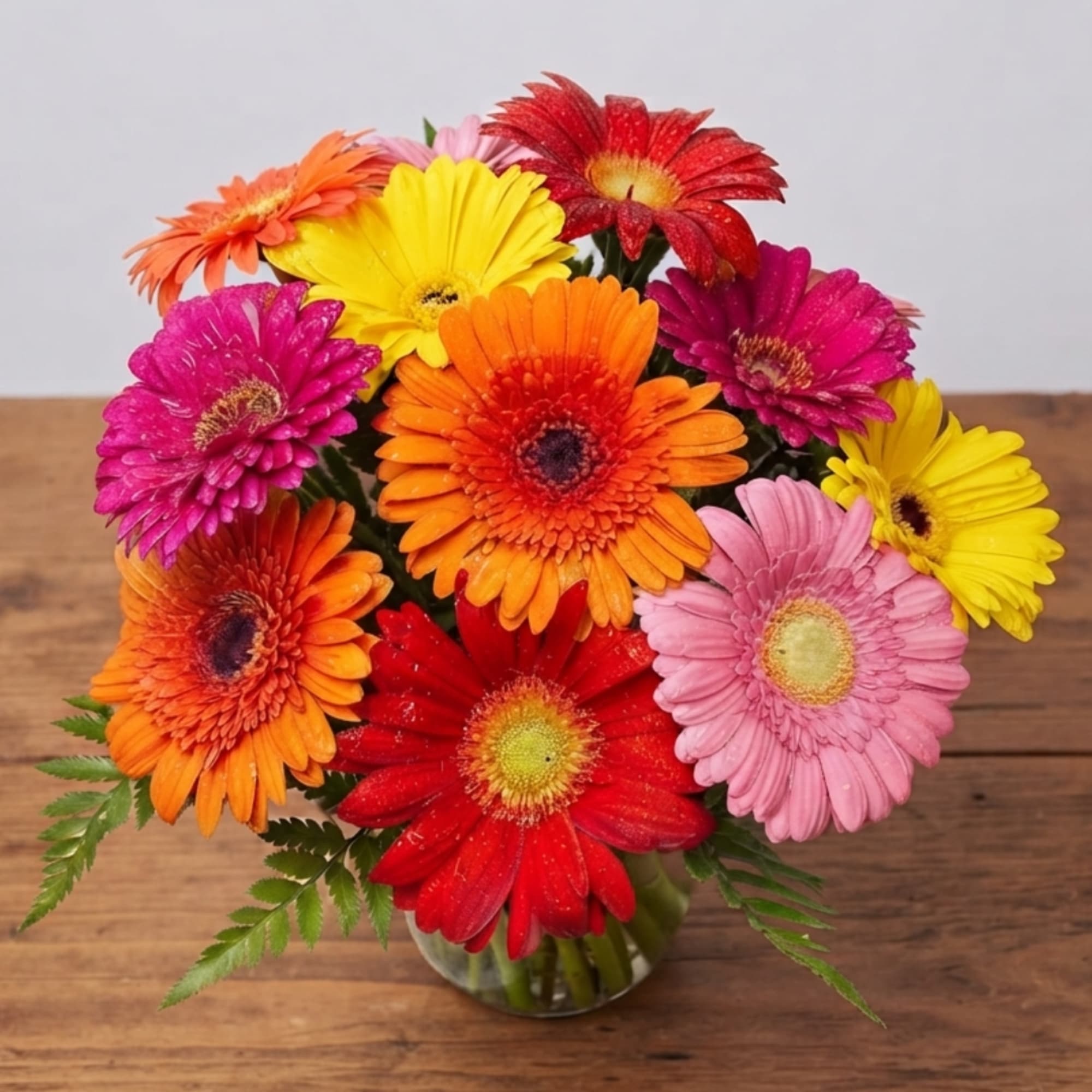 Bright mixed gerbera daisy bouquet in a glass vase
