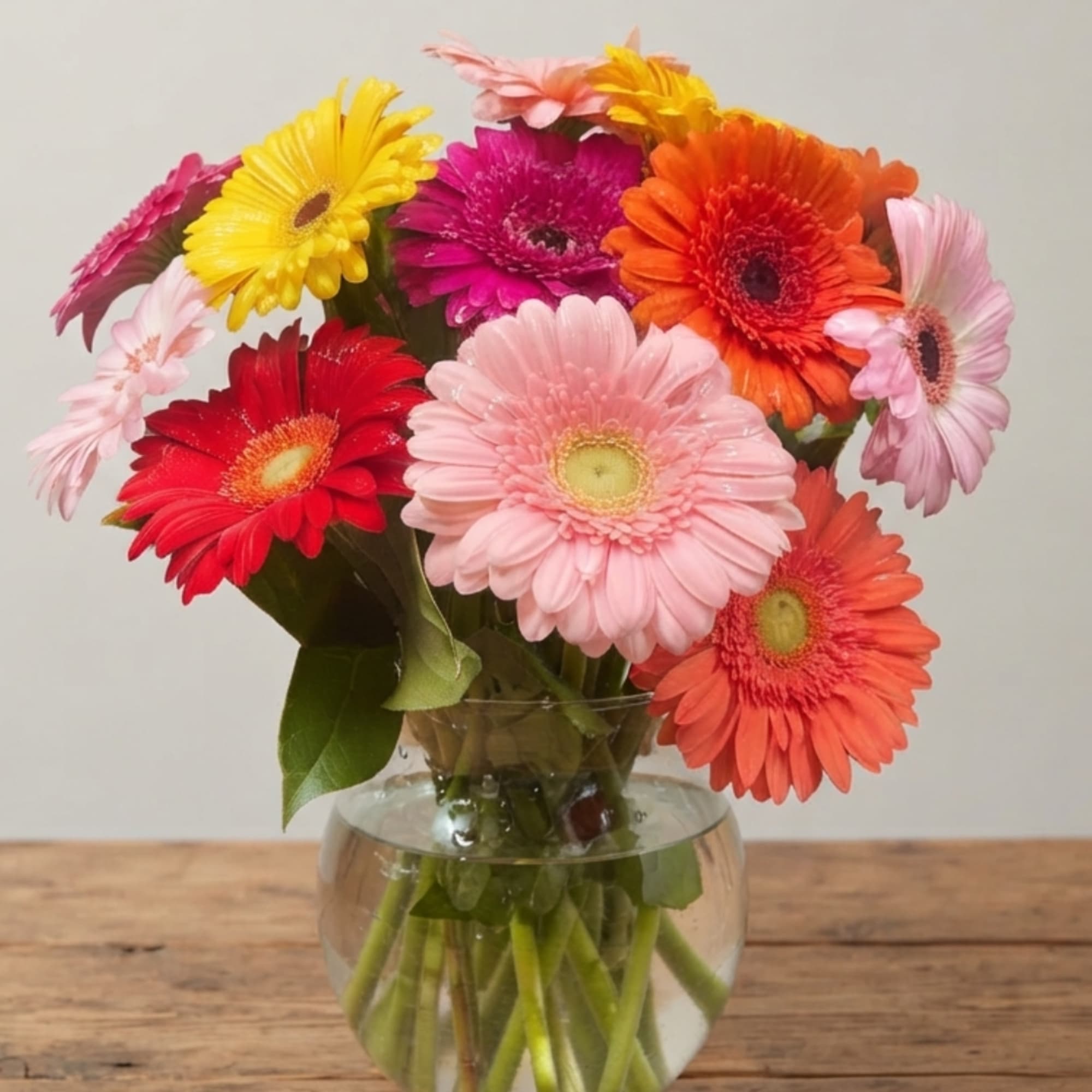 Colorful gerbera daisy bouquet in a clear glass vase, photo 3 of 5