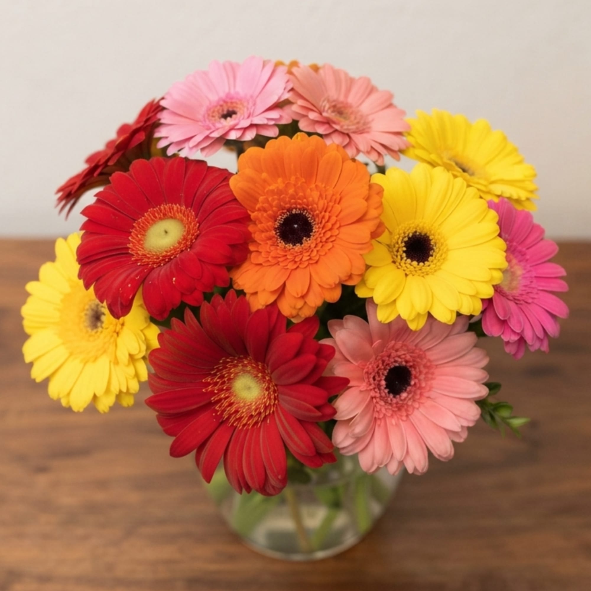 Colorful gerbera daisies arranged in a clear glass vase on a wooden table