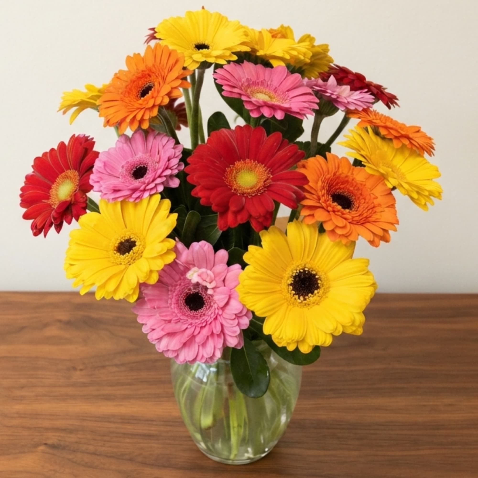 Colorful gerbera daisy bouquet in a clear glass vase