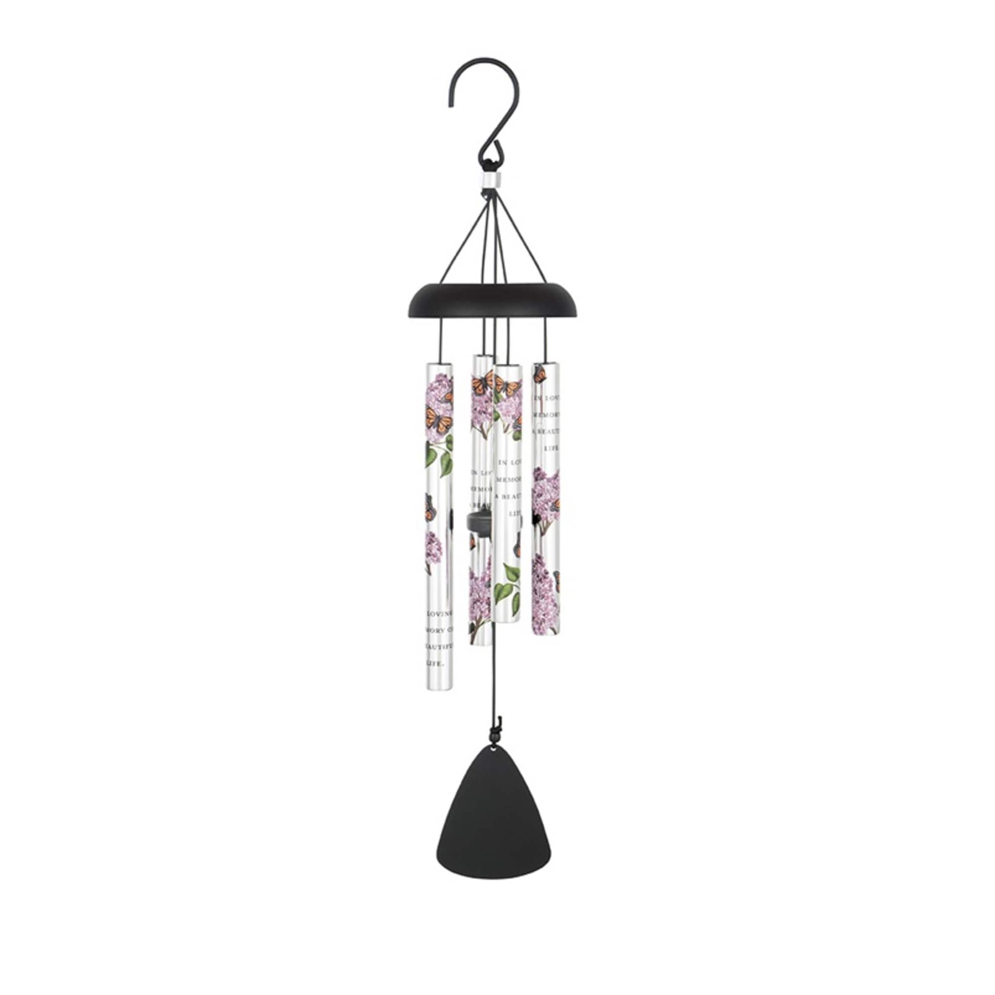Black metal wind chime with floral printed tubes and a clapper