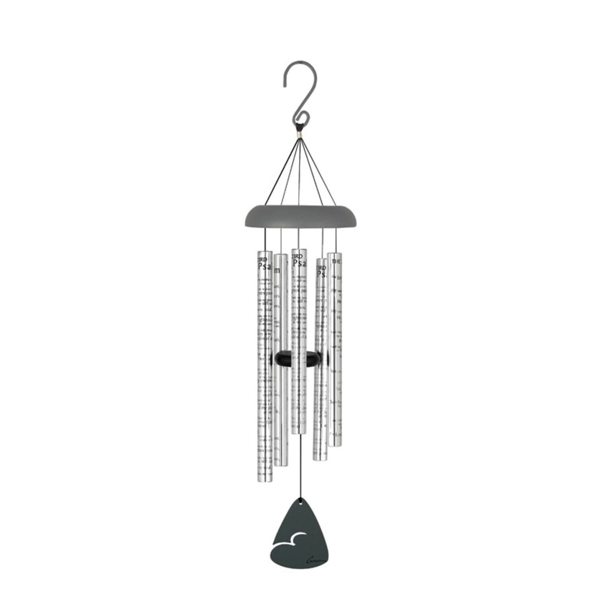 Hanging metal wind chime with silver tubes and a dark clapper