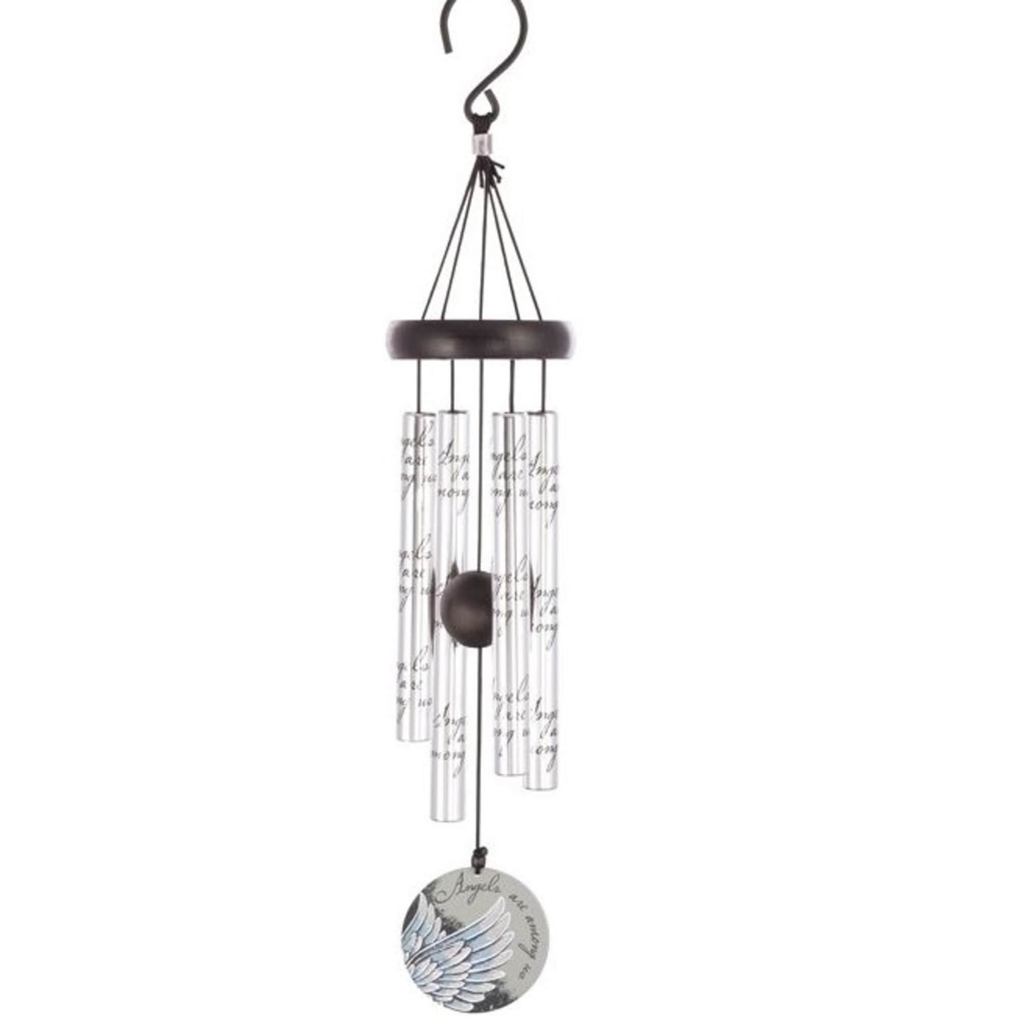 Hanging metal wind chime with clear tubes and a round angel medallion