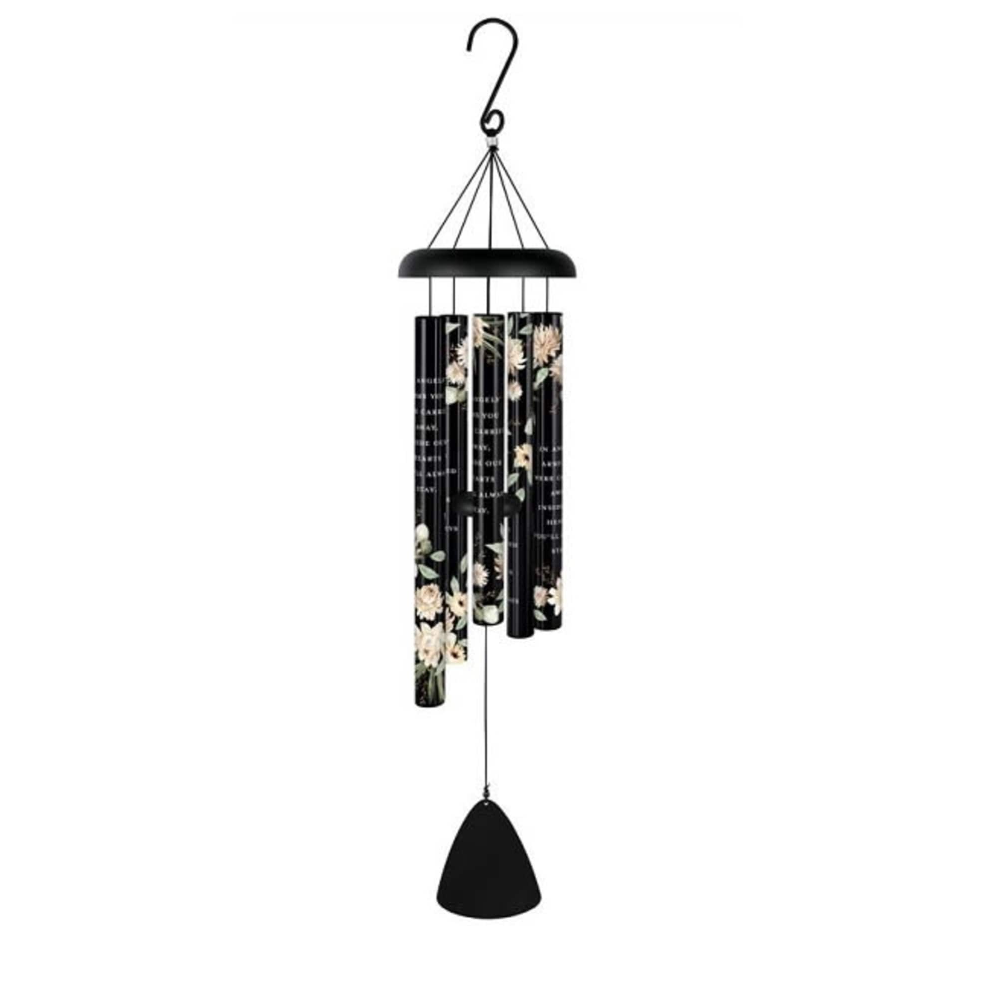Black hanging wind chime with floral-print tubes and a bell