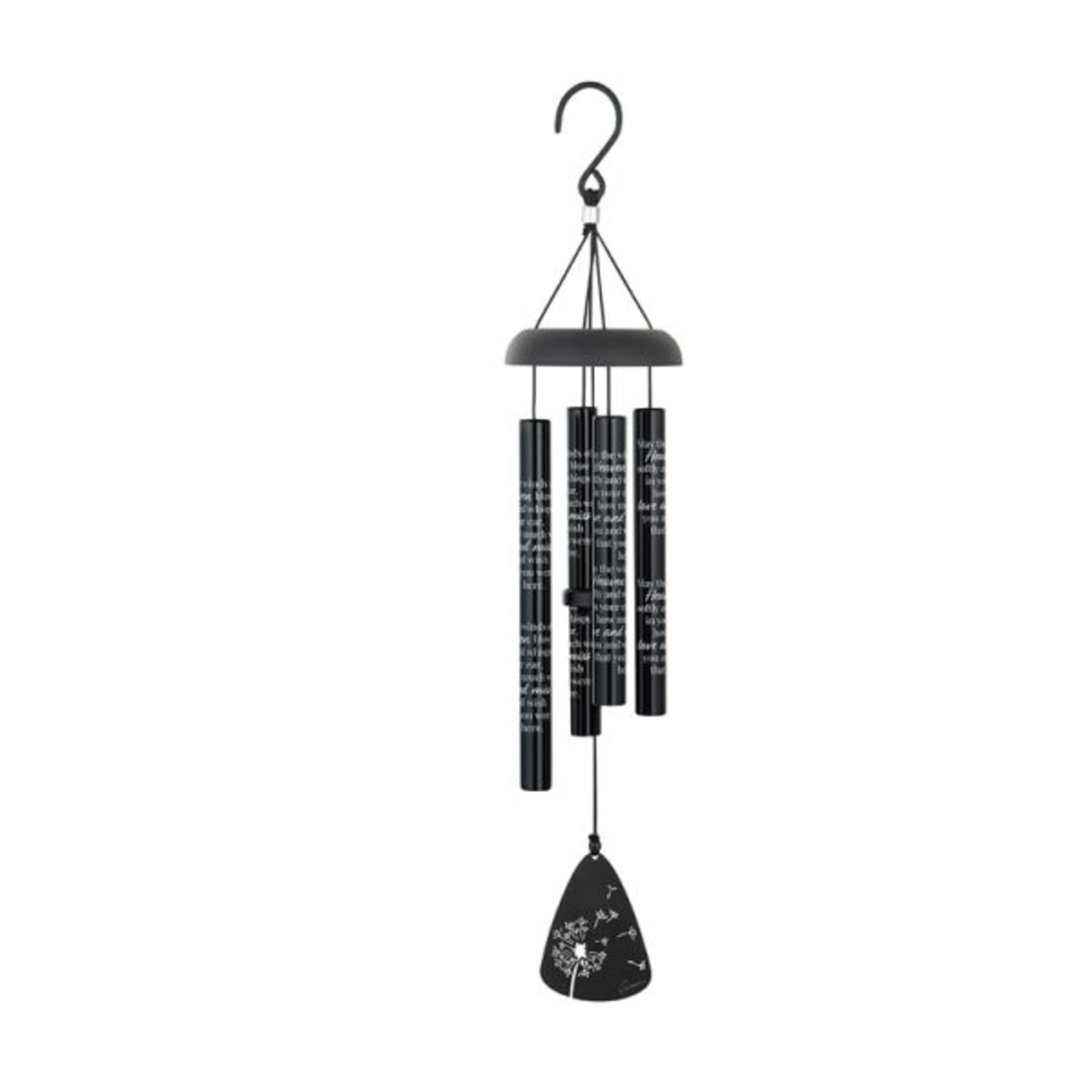 Black hanging wind chime with four tubes and a teardrop-shaped pendant
