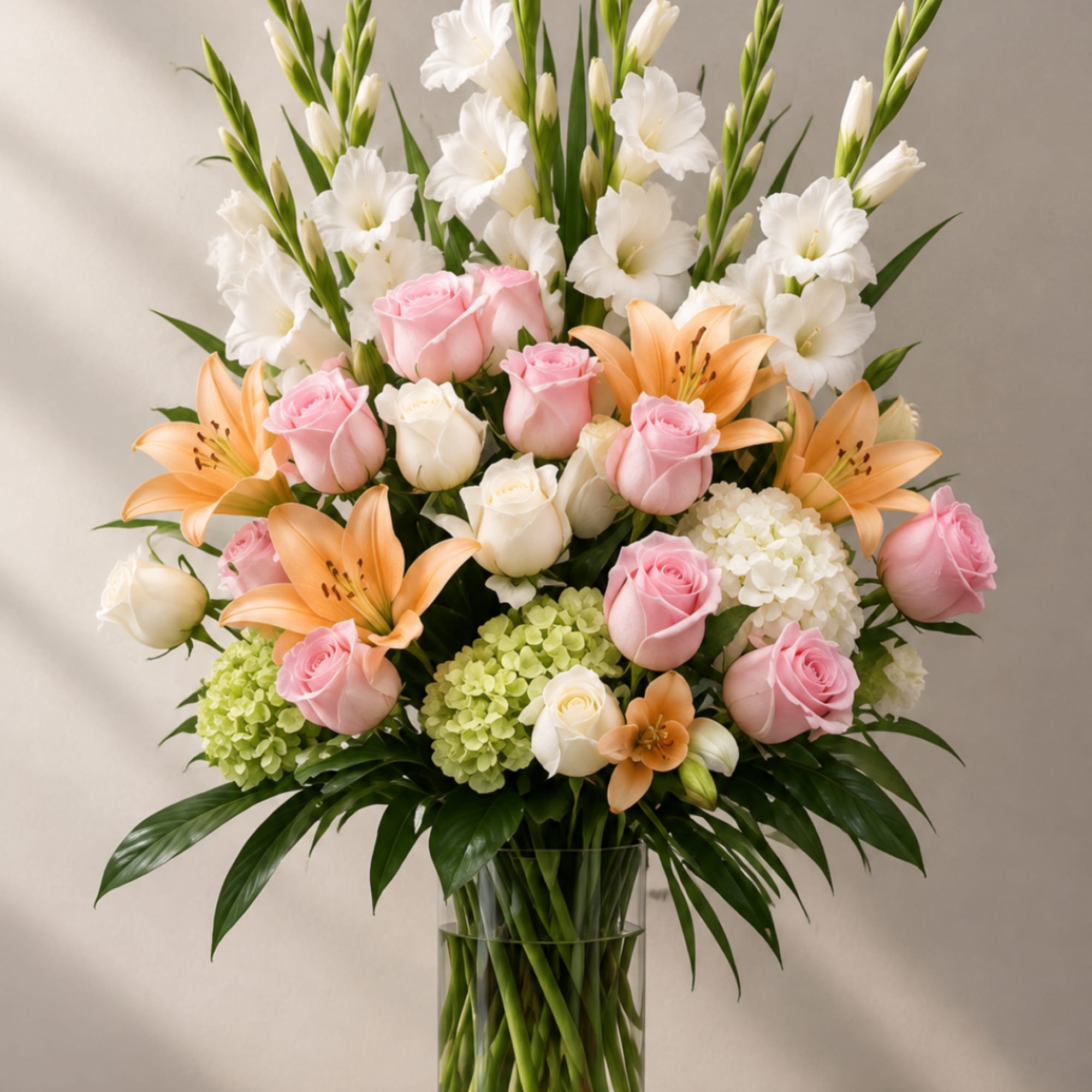 Tall bouquet of pink and white roses with lilies and white gladiolus in a glass vase