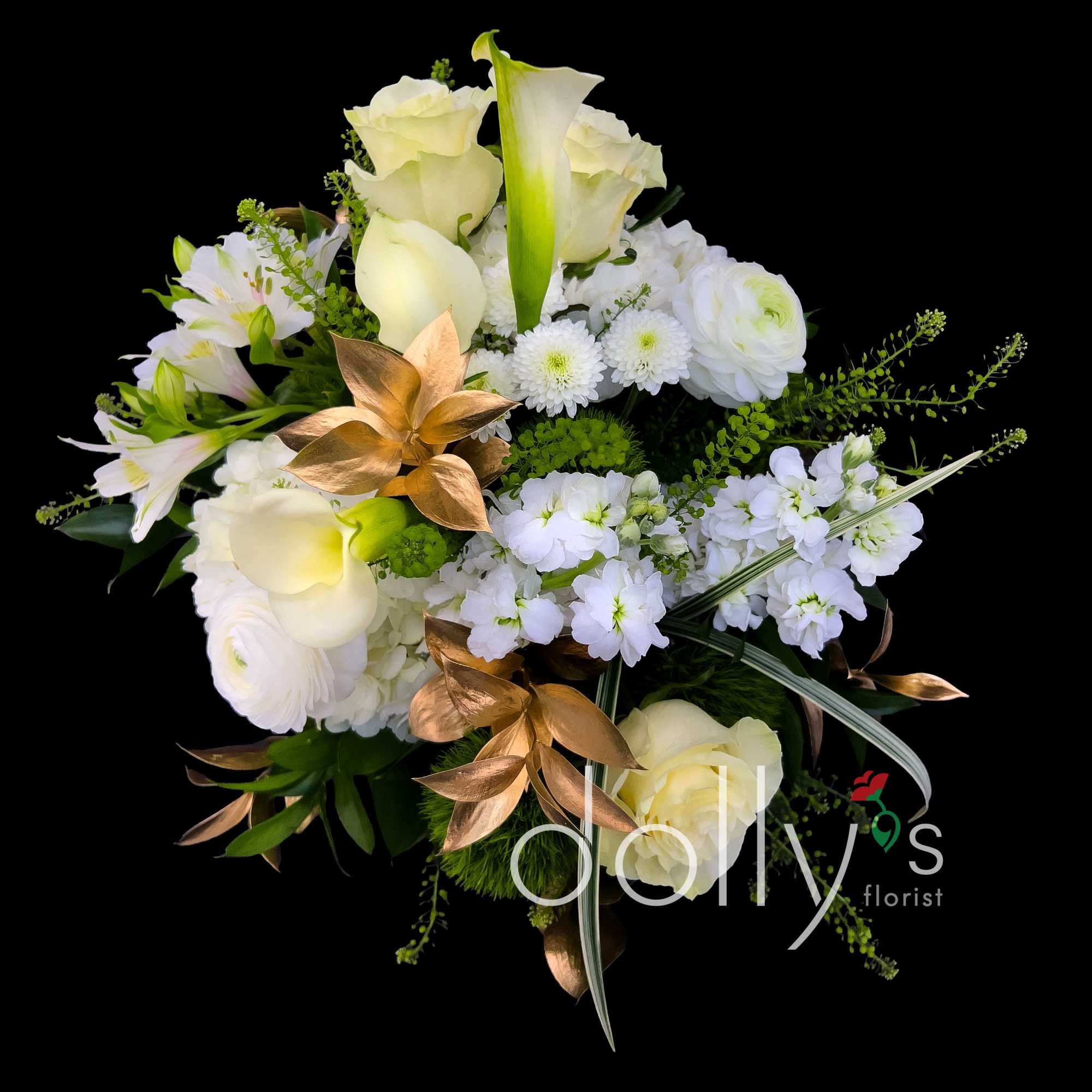 White roses and calla lilies with white blooms and gold accents