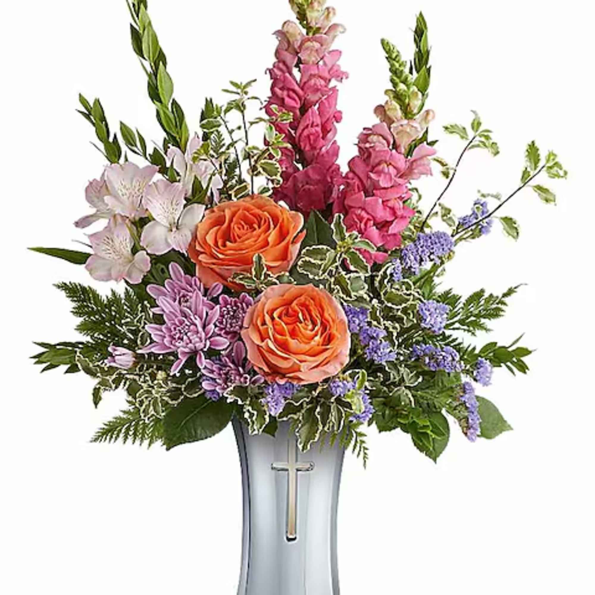 Mixed bouquet in a silver vase with orange roses and pink flowers
