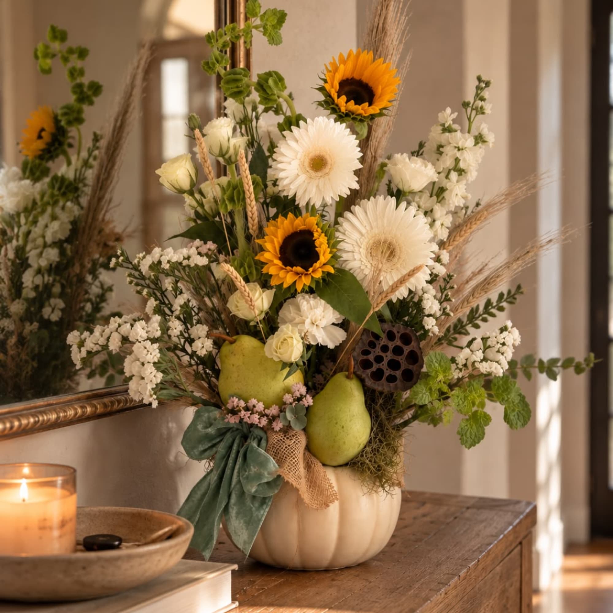 Autumn floral arrangement with sunflowers and white blooms in a pumpkin vase