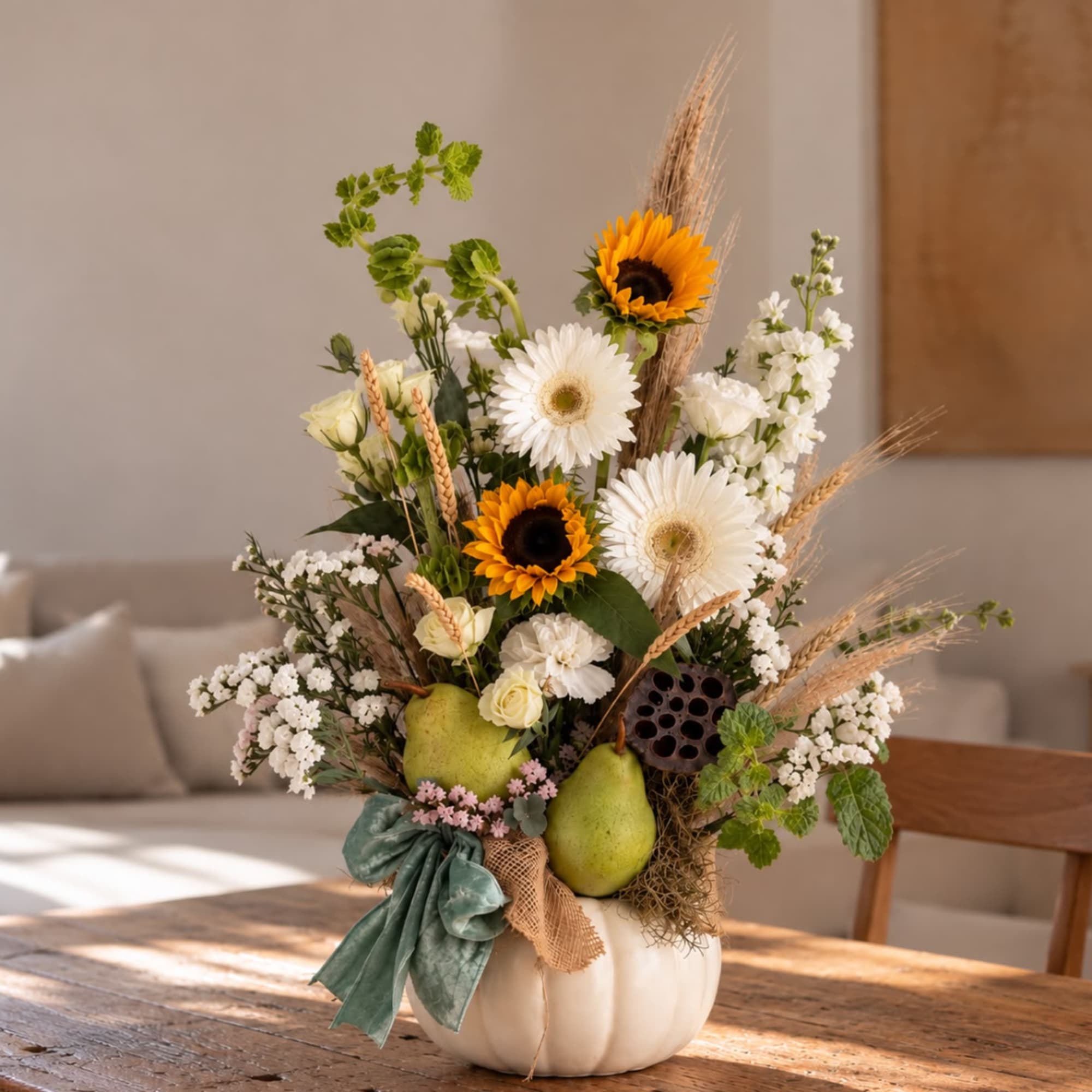 Autumn floral arrangement in a white pumpkin vase with sunflowers and pears