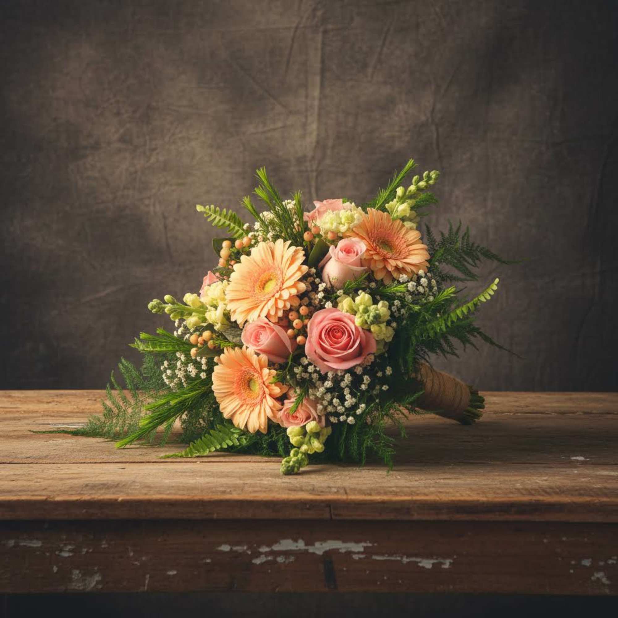 Peach gerberas and pink roses in a hand-tied bouquet