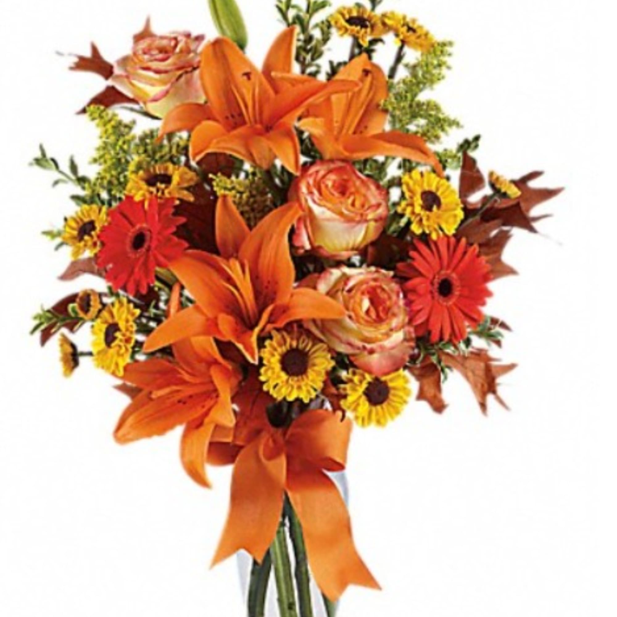 Bouquet of orange lilies, roses, and yellow daisies