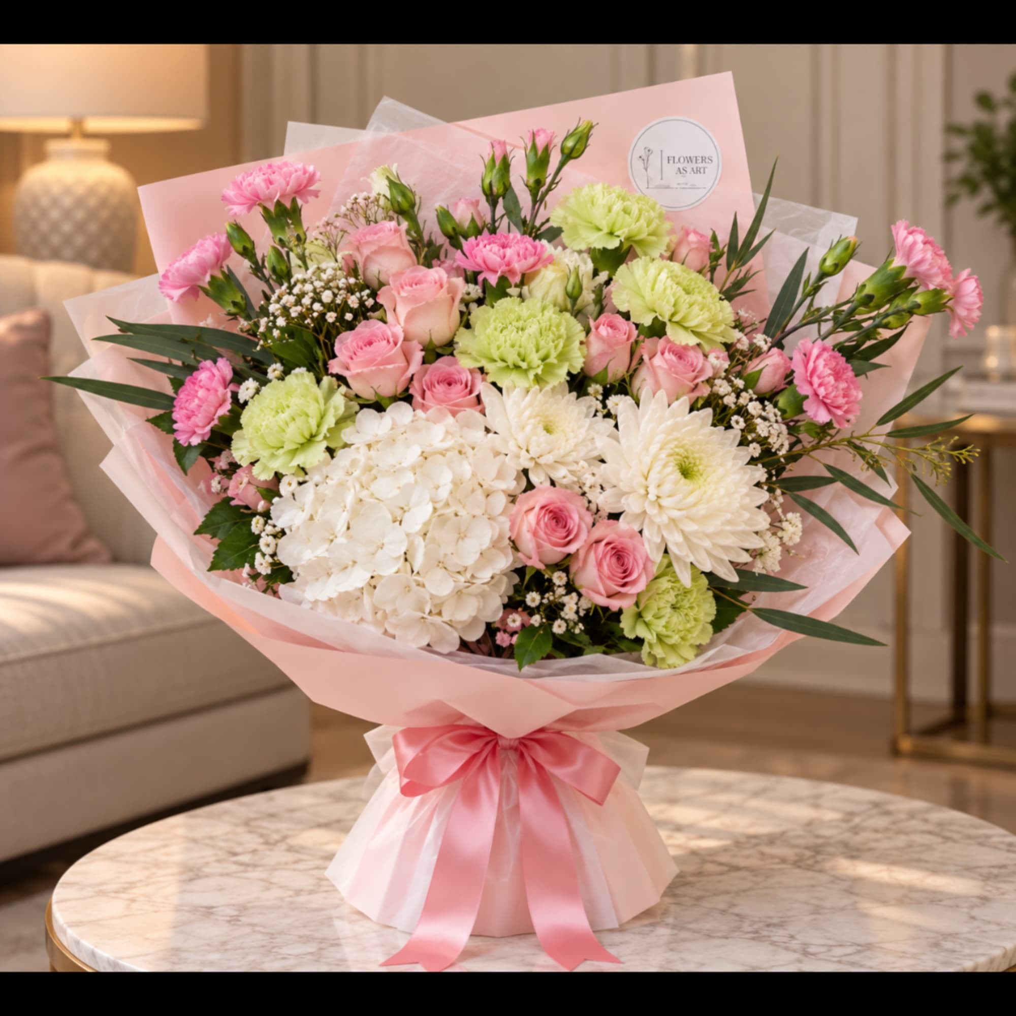 Pink and white bouquet with carnations, roses, and hydrangea in pastel wrap