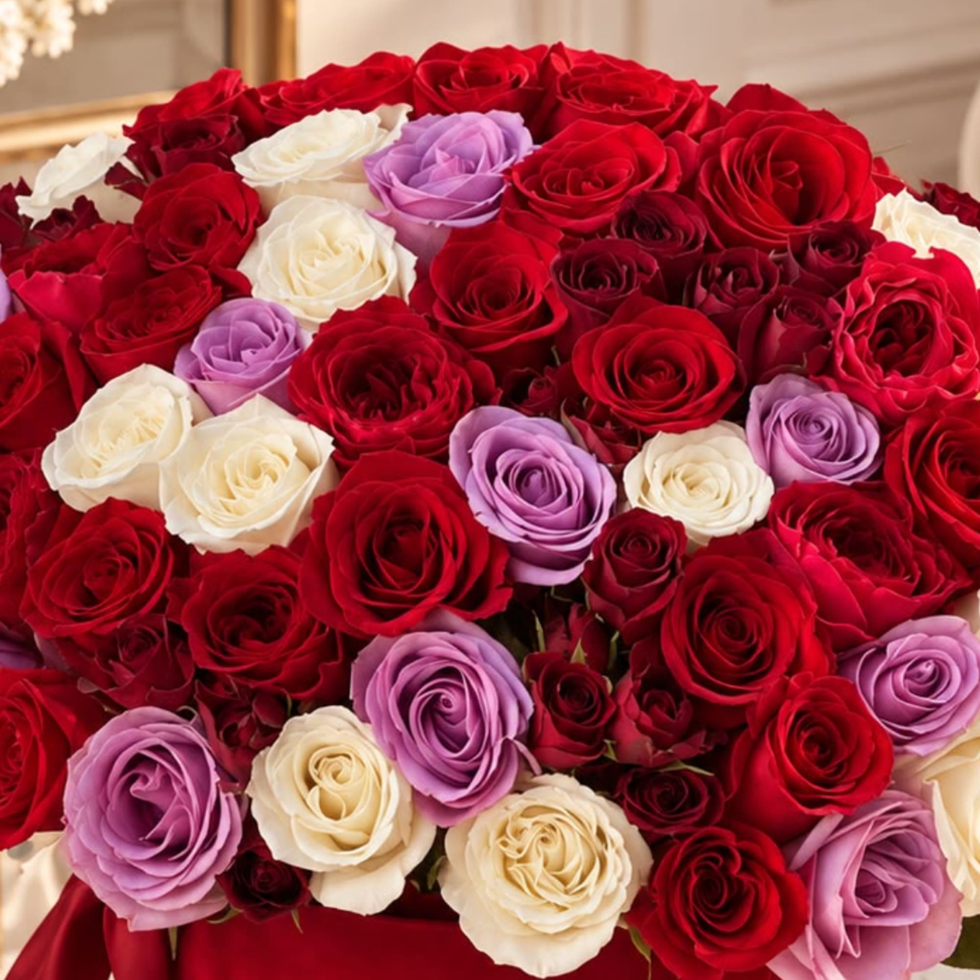 Bouquet of red, white, and lavender roses
