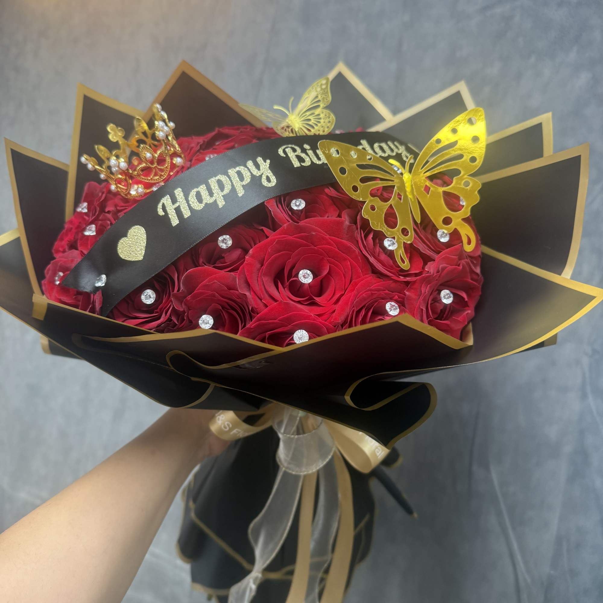 Fit for royalty, our Birthday Queen Bouquet features luxurious red roses adorned, photo 2 of 2