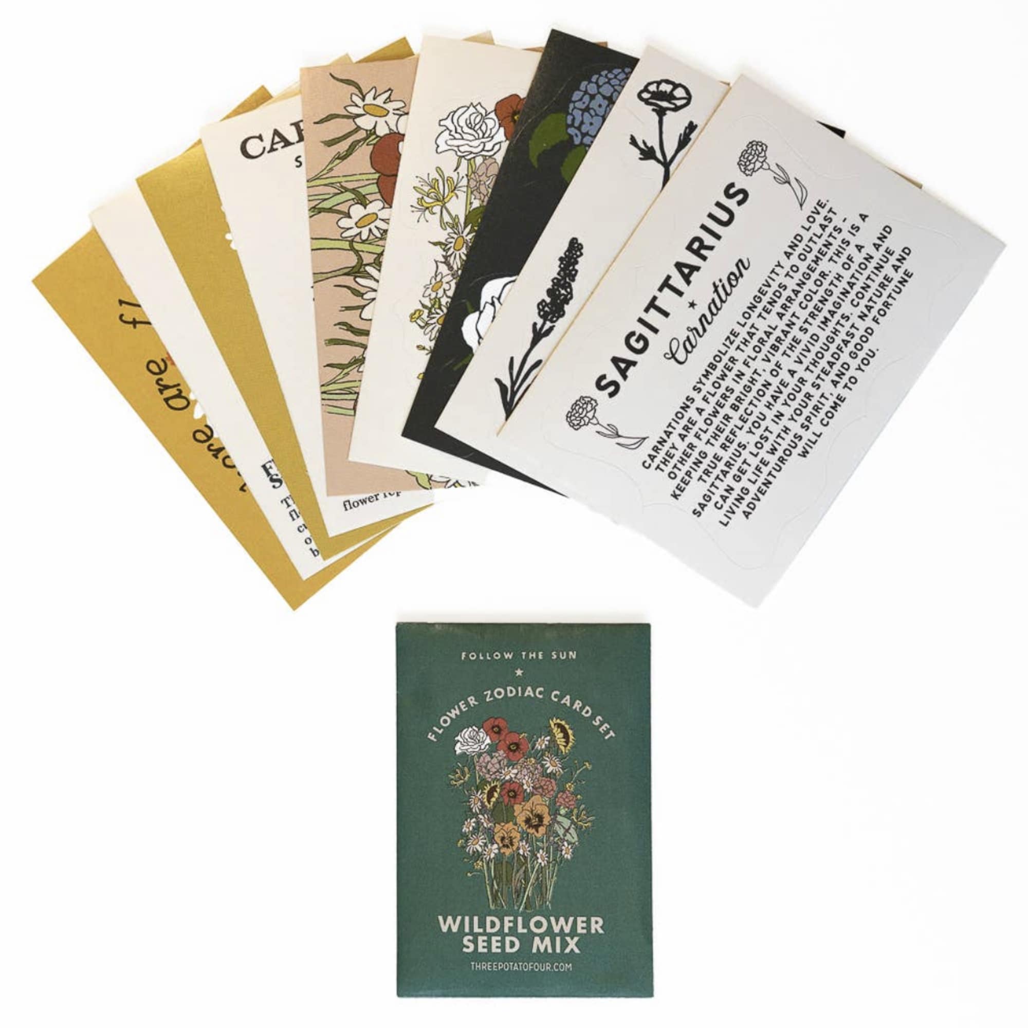 Assorted zodiac flower cards and a wildflower seed mix packet