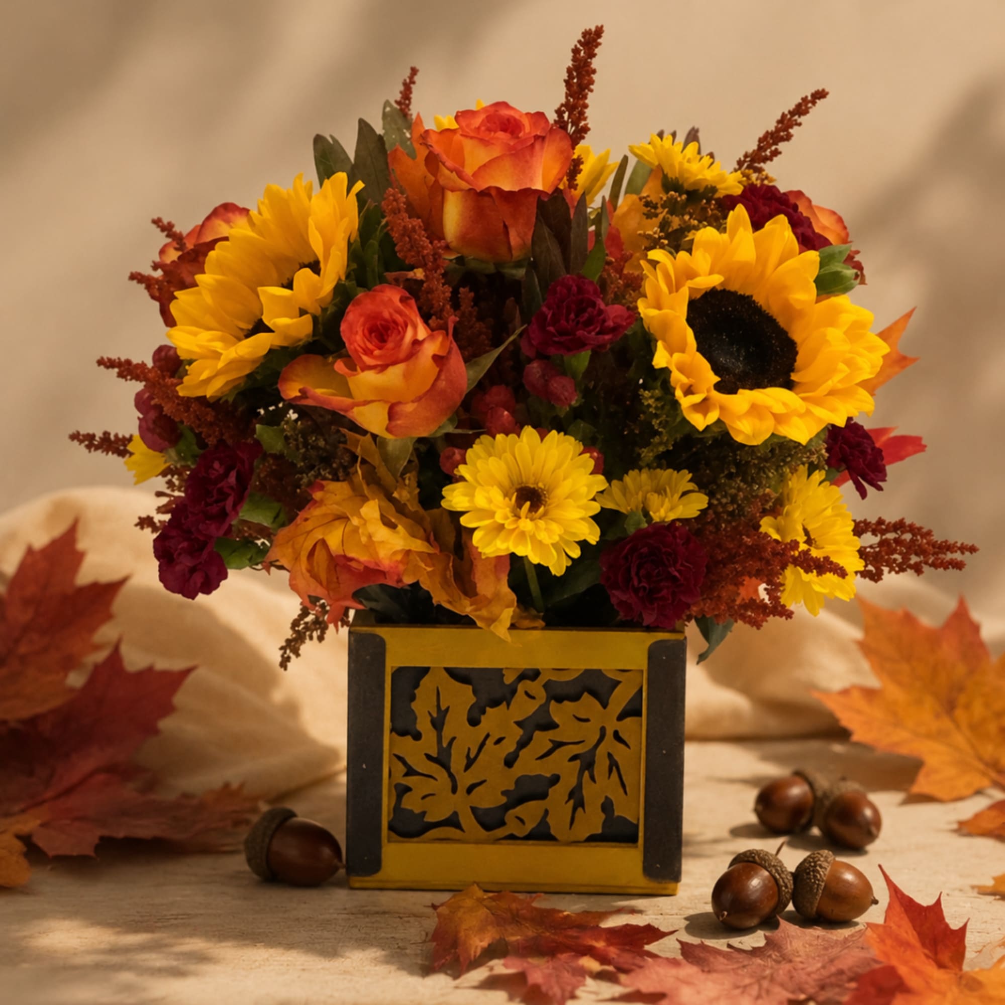 Autumn floral arrangement with sunflowers and orange roses in a decorative square vase