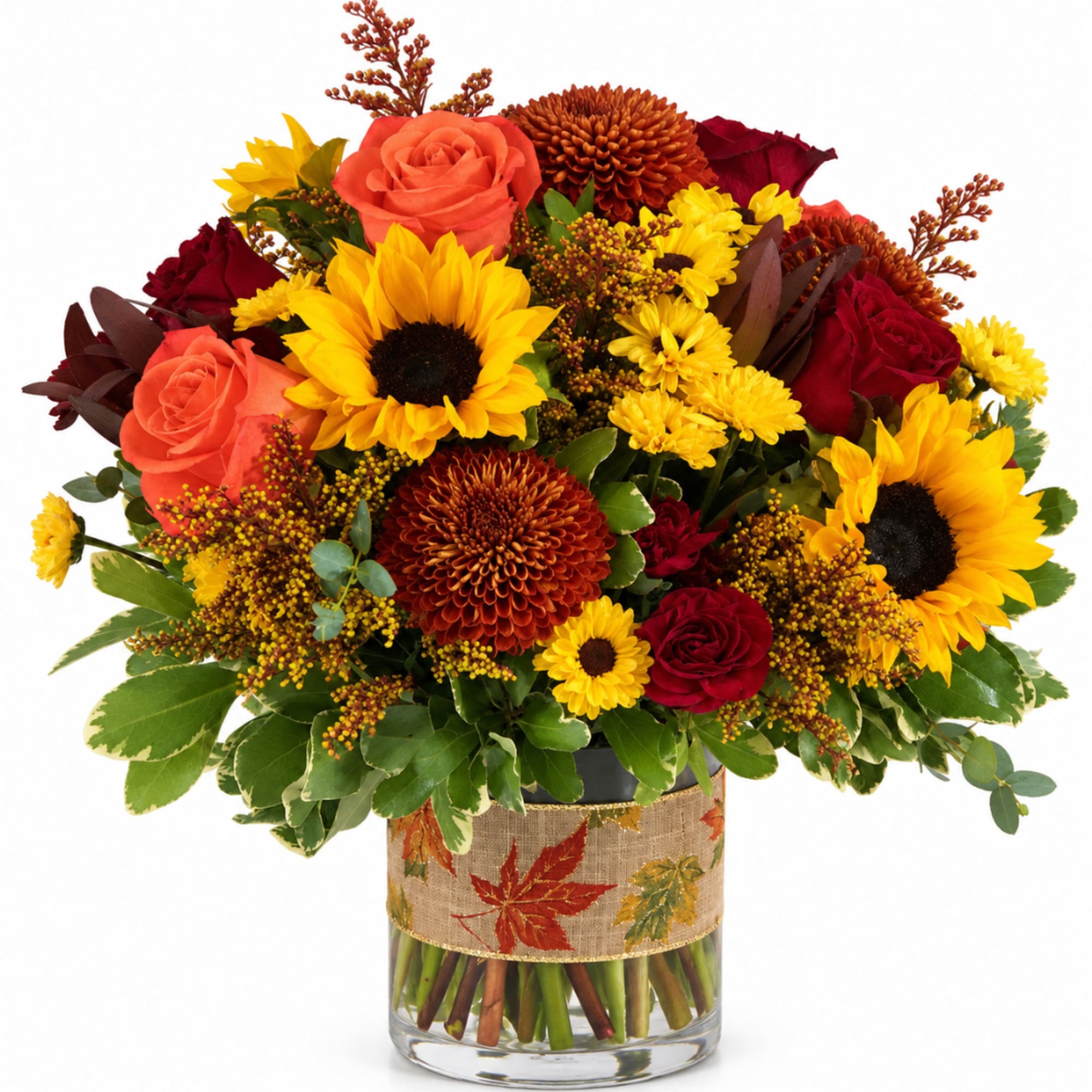Autumn bouquet of sunflowers, roses, and mums in a glass vase, photo 2 of 2