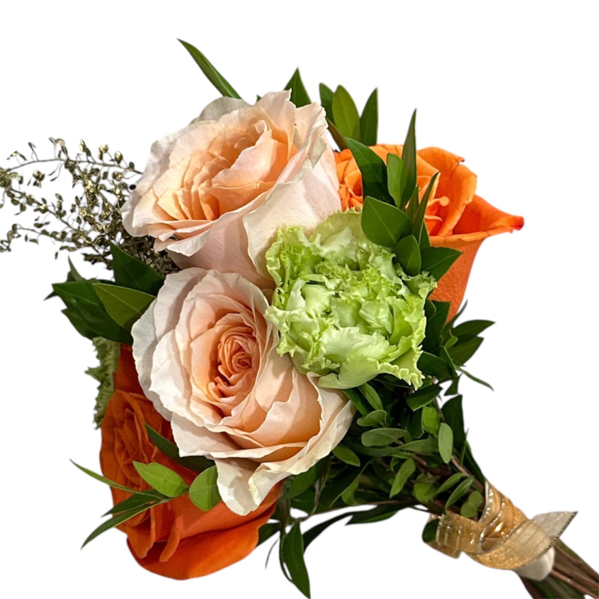 Peach and orange rose bouquet with green carnation and ribbon wrap