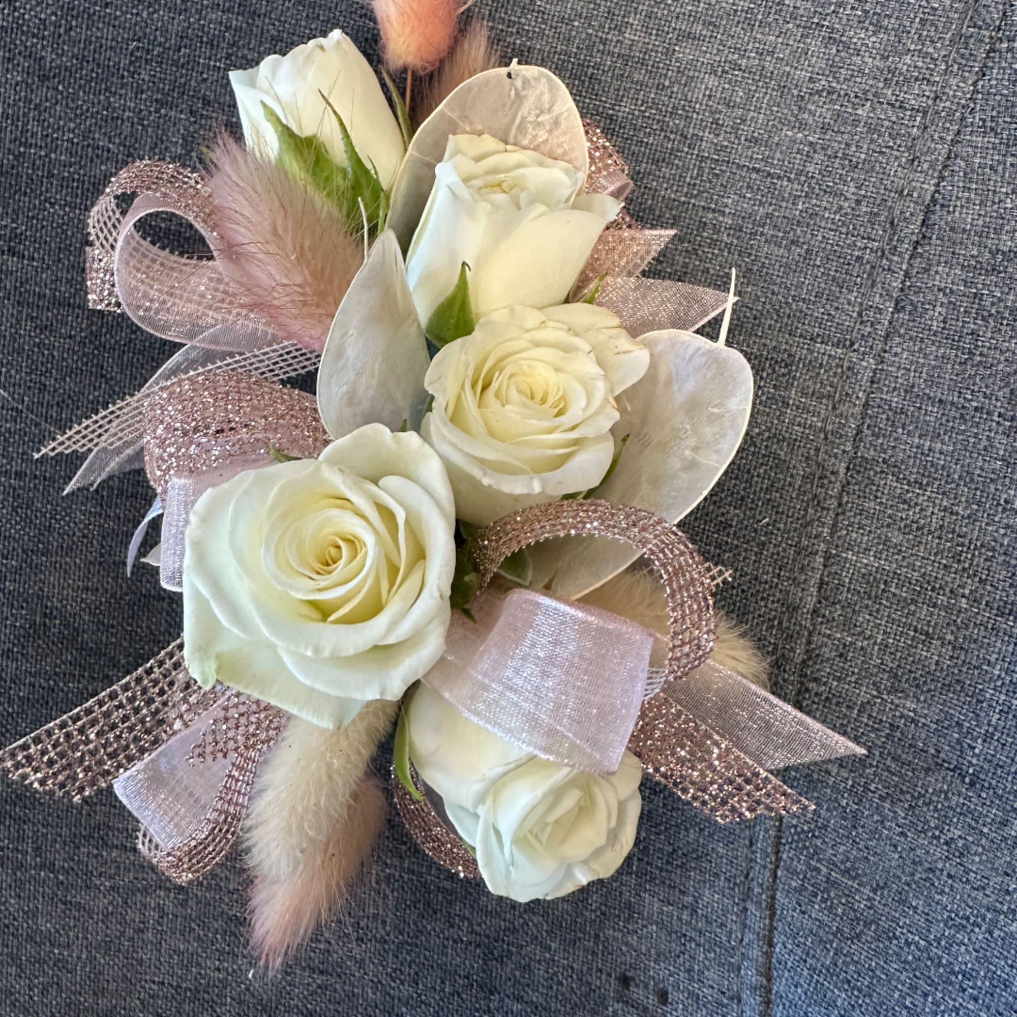 White rose corsage with pink ribbon and fluffy accents, photo 2 of 4