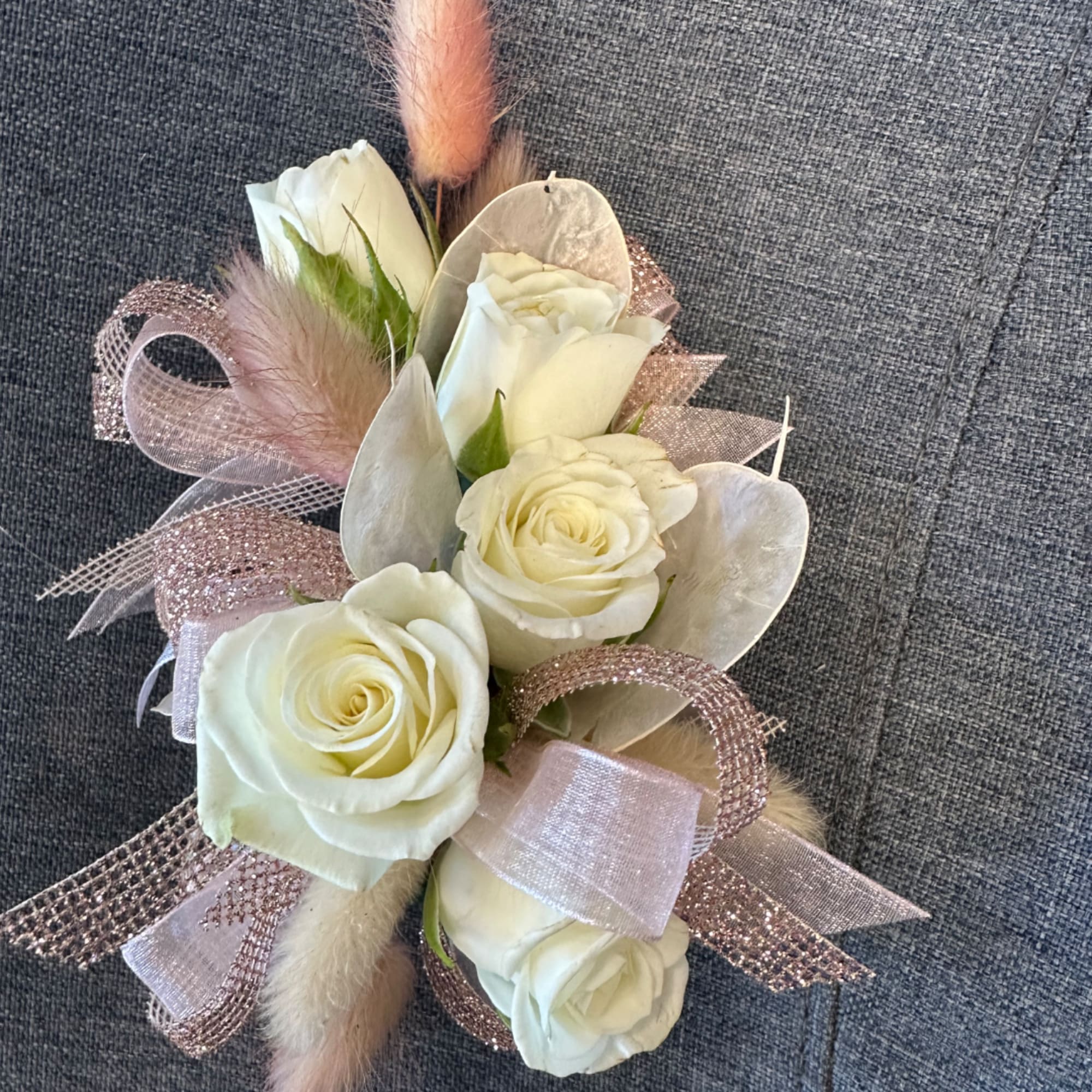 White rose corsage with pink ribbon and fluffy accents, photo 4 of 4