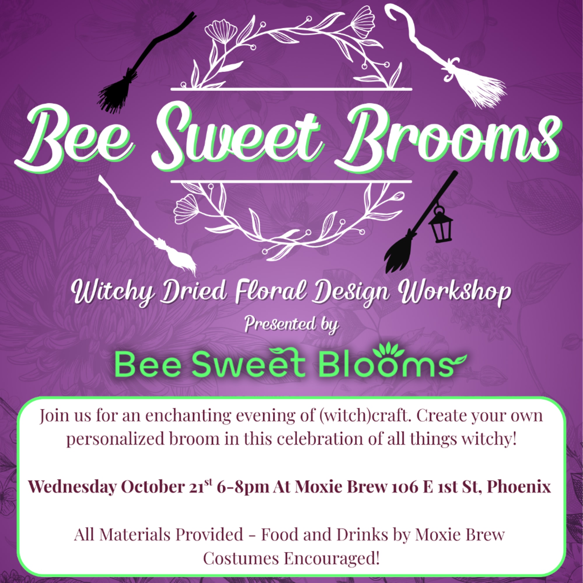 Purple event flyer for a witchy dried floral workshop with broom graphics and text.