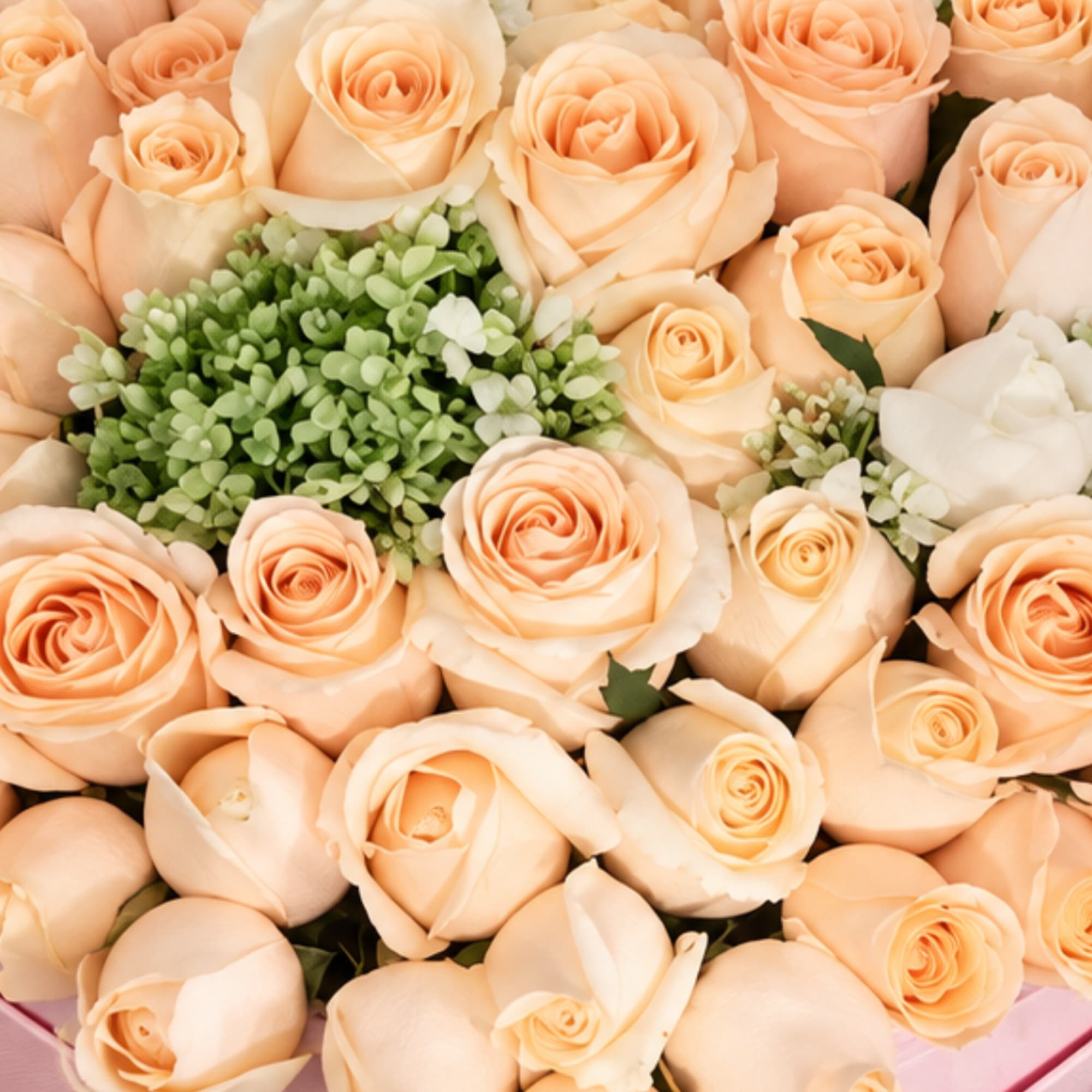 Peach roses arranged tightly with a cluster of green filler flowers