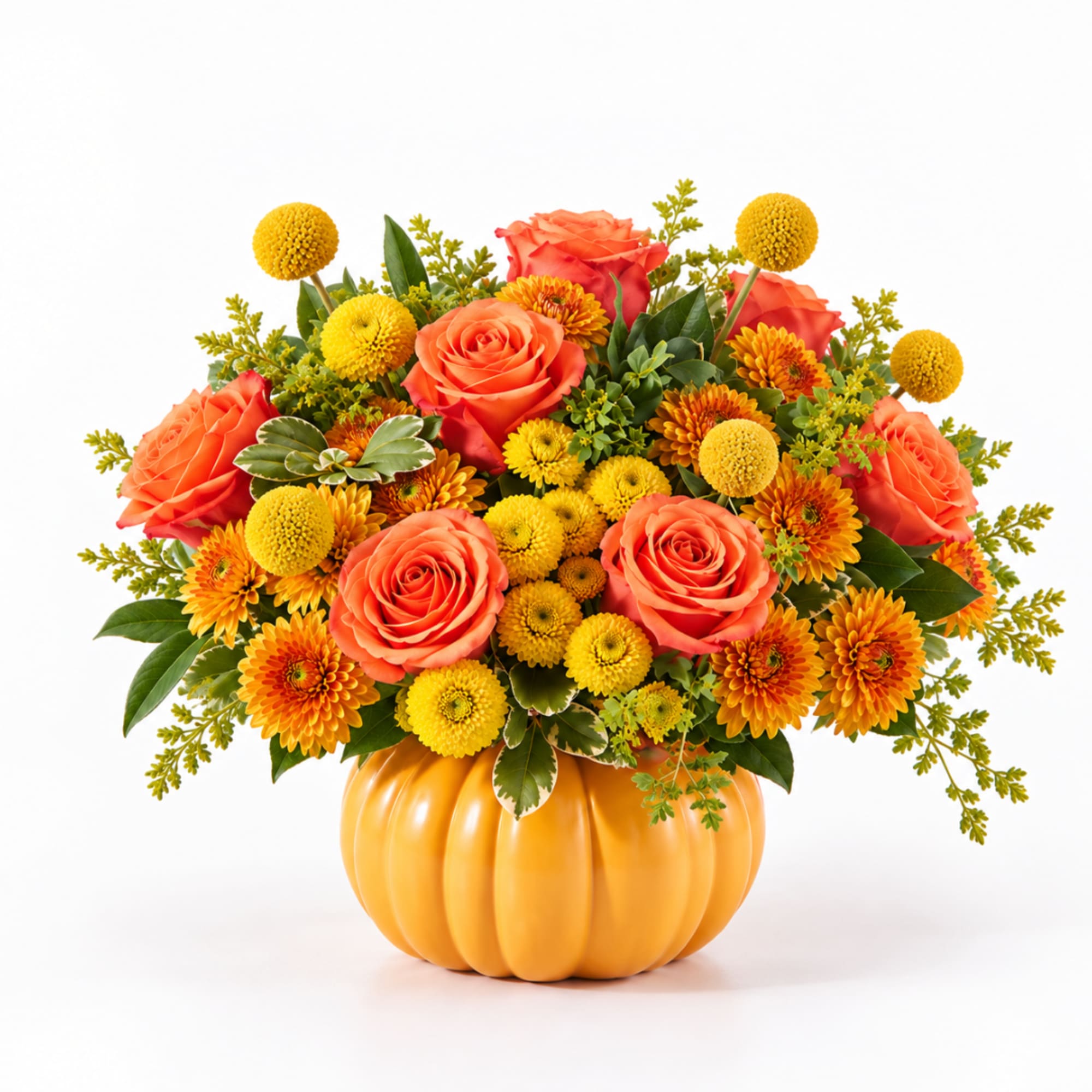 Orange roses and yellow mums arranged in a pumpkin-shaped vase