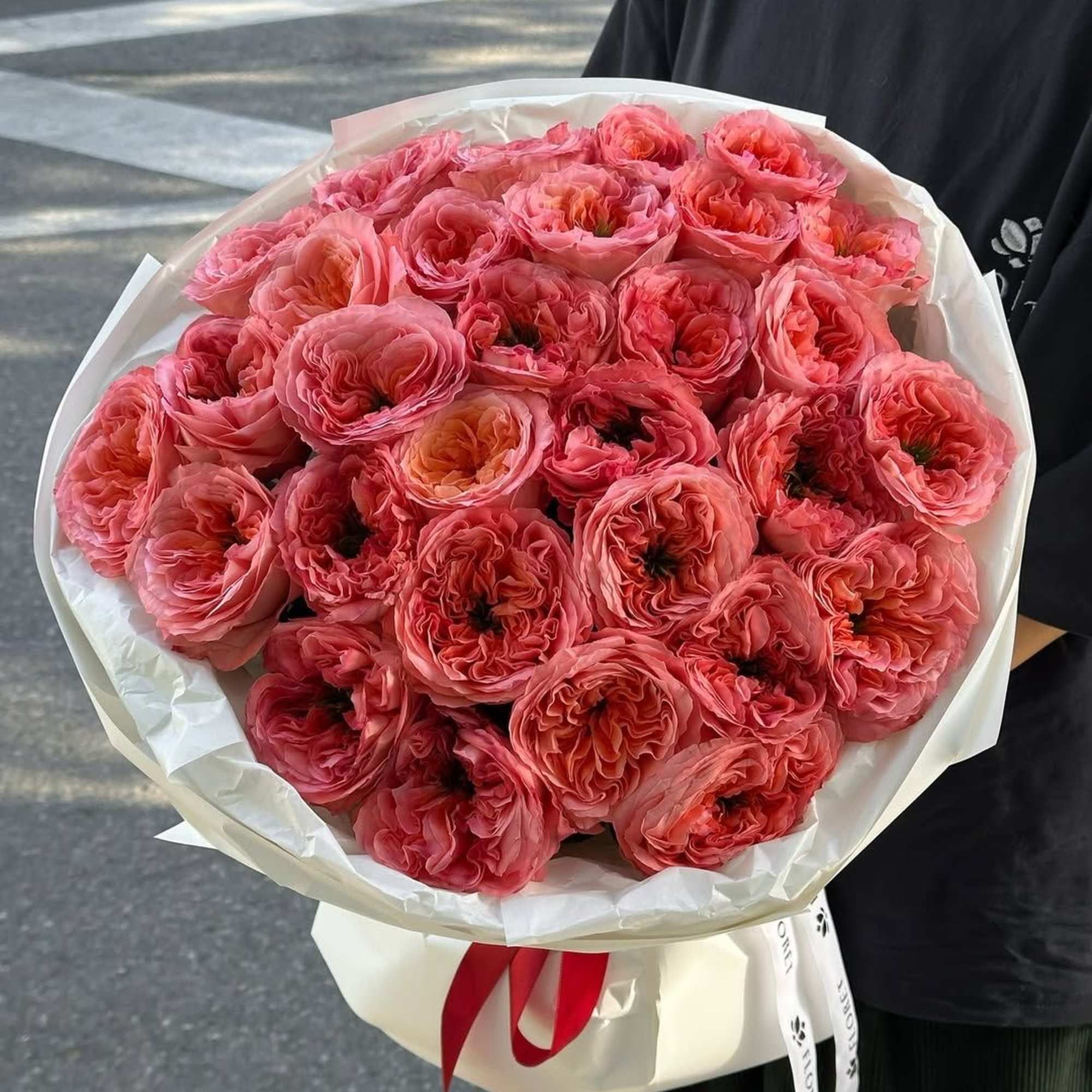 Bouquet of pink ranunculus wrapped in white paper with a red ribbon