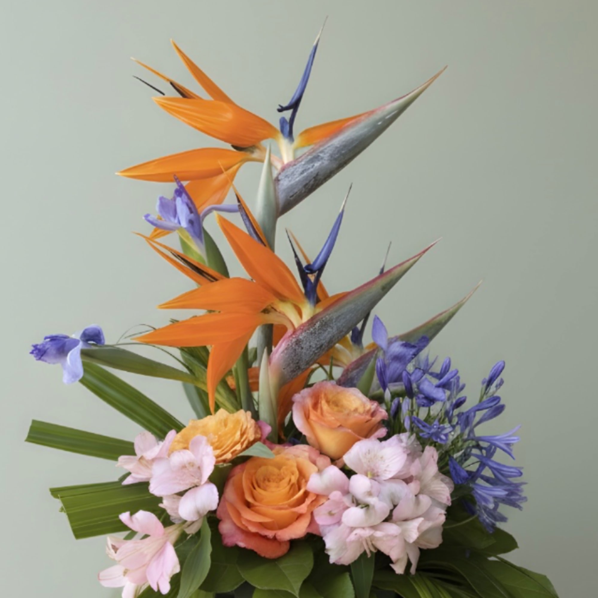 Tall orange bird-of-paradise blooms shoot upward in a sculptural, modern arrangement that