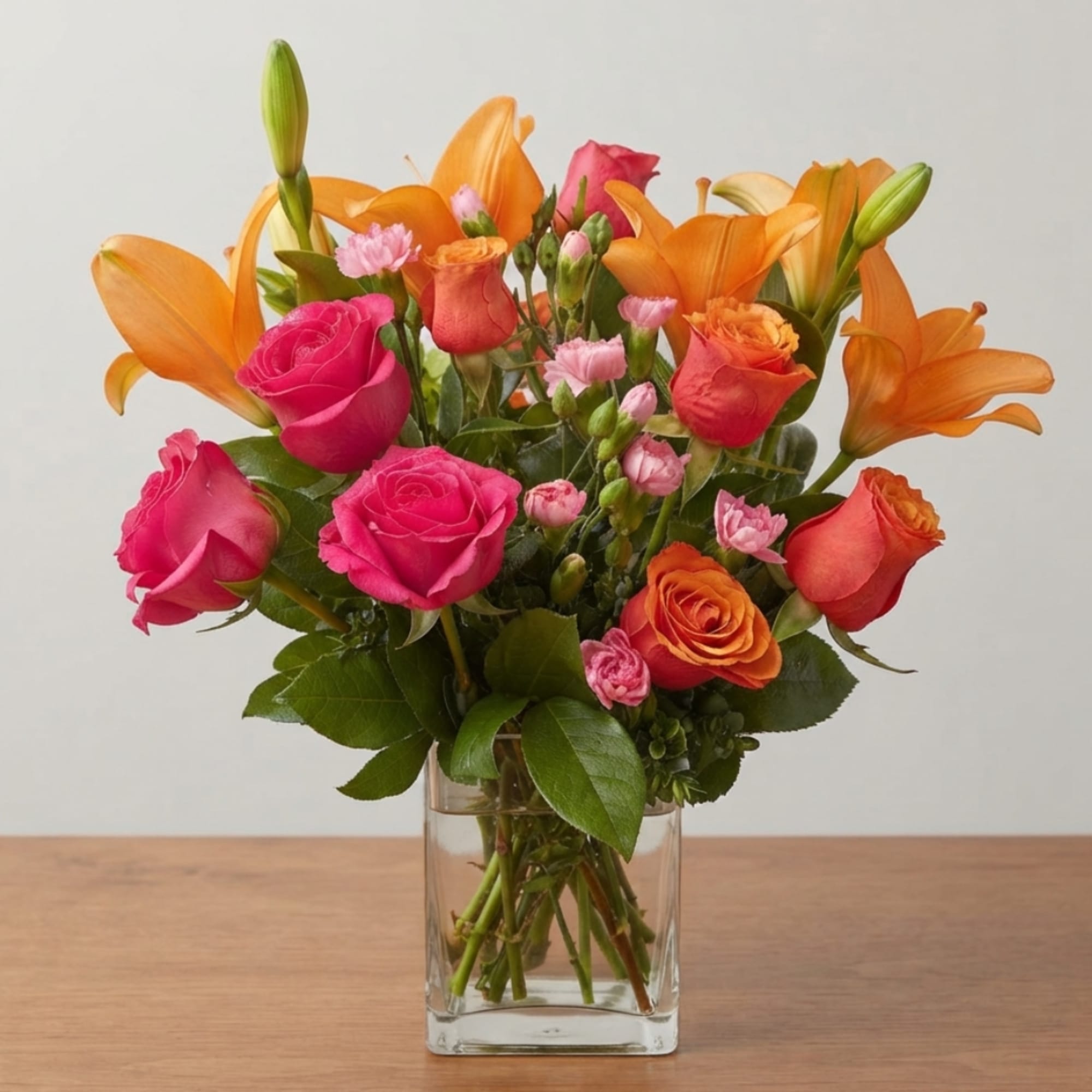 Pink and orange roses with orange lilies in a clear glass vase