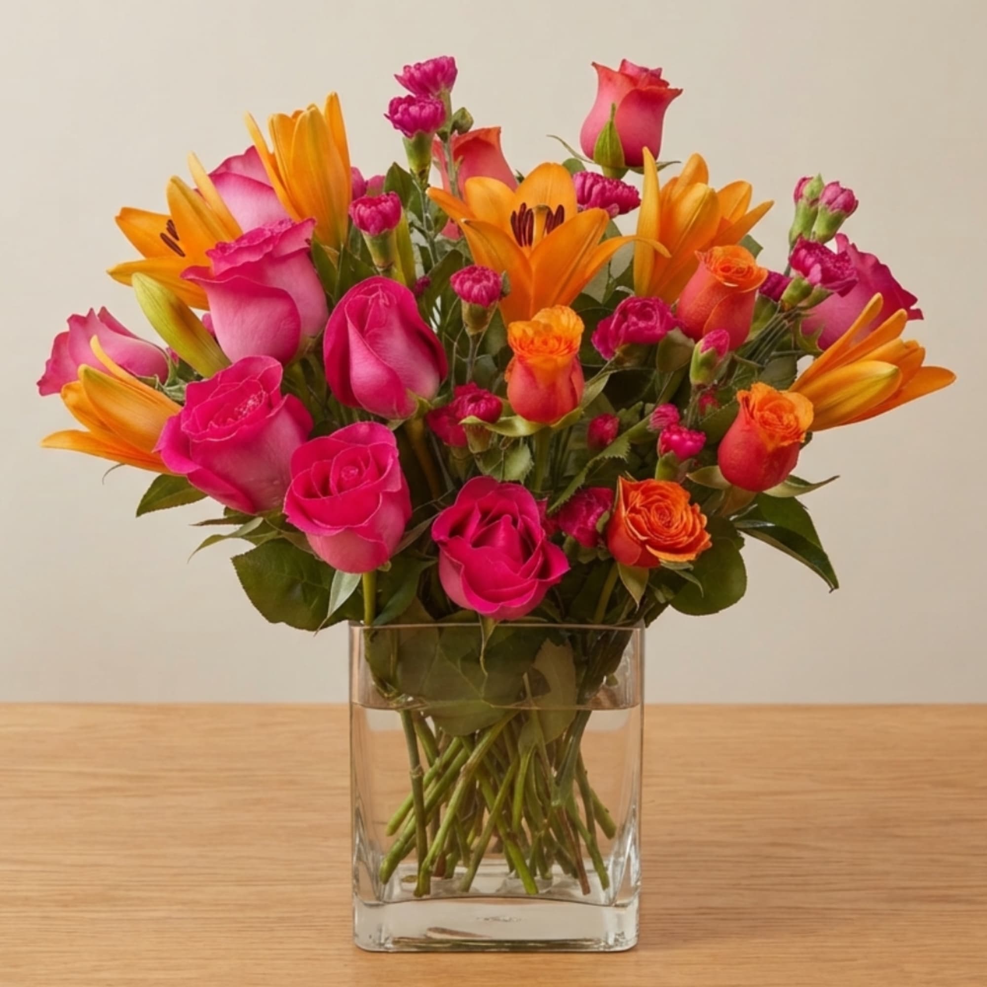 Pink and orange mixed bouquet in a clear glass vase