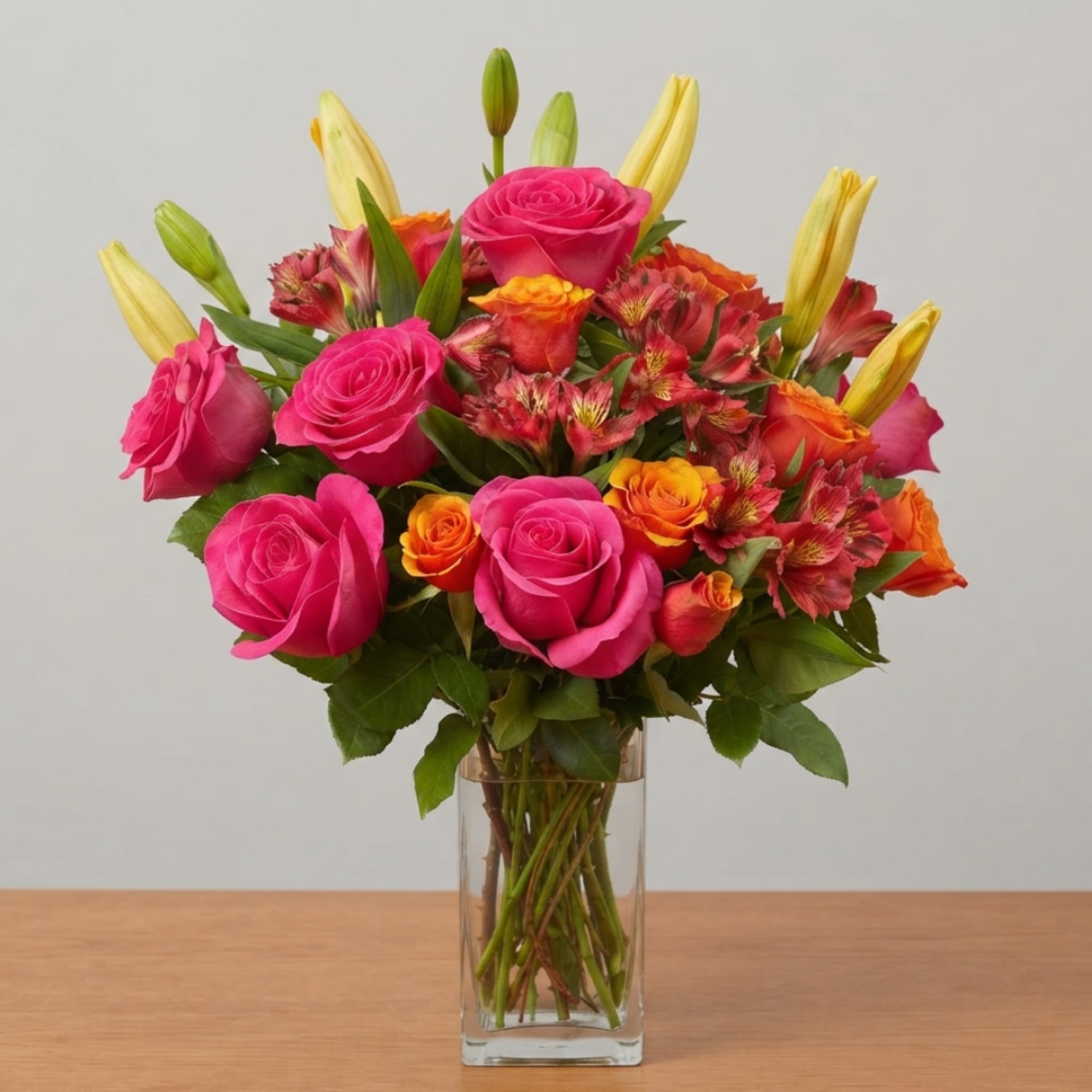 Bouquet of pink roses, orange alstroemeria, and yellow lilies in a clear glass vase