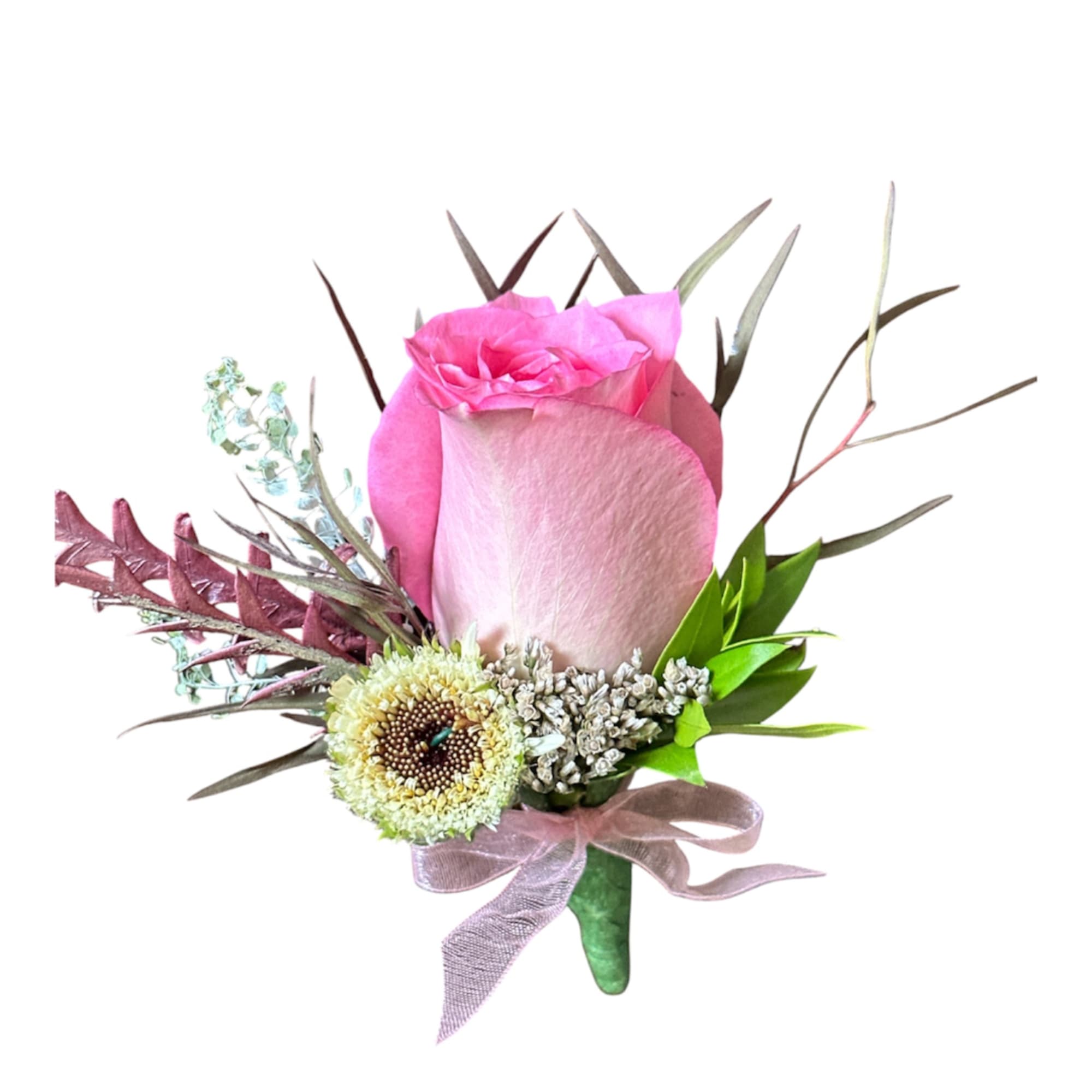 Pink rose boutonniere with a small daisy and ribbon