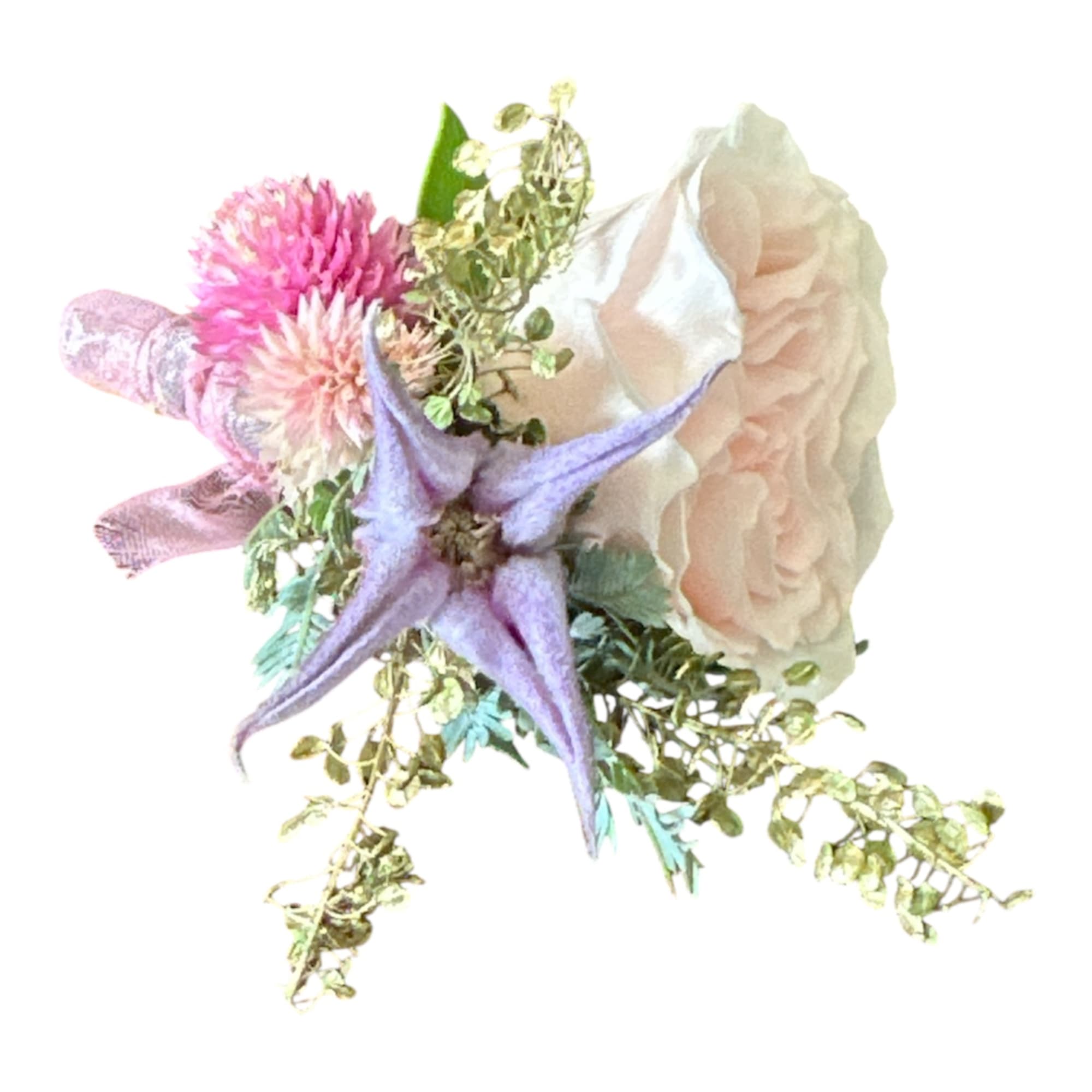 Small pastel bouquet with a purple star-shaped bloom and pink flowers