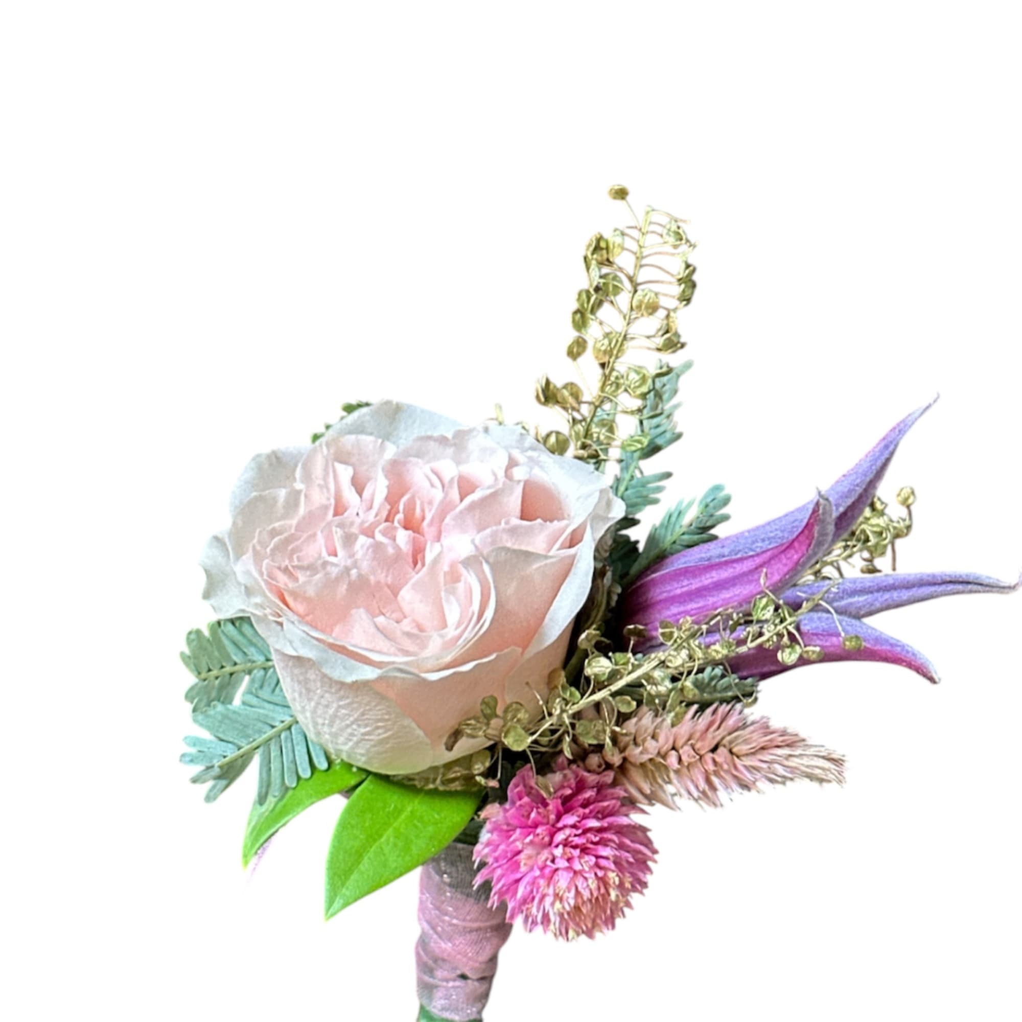 Small bouquet with a pale pink rose and purple accent flowers