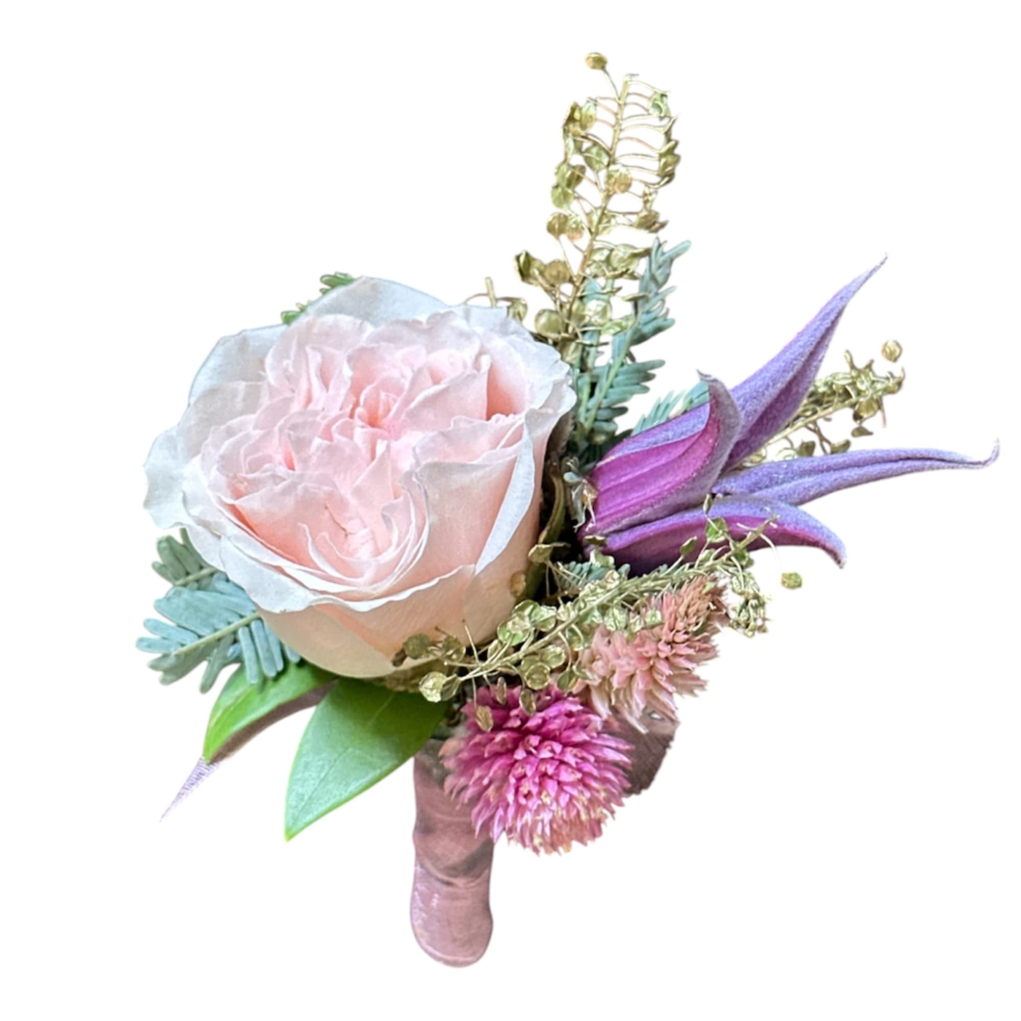 Small pastel boutonniere with a pink rose and purple accent flowers