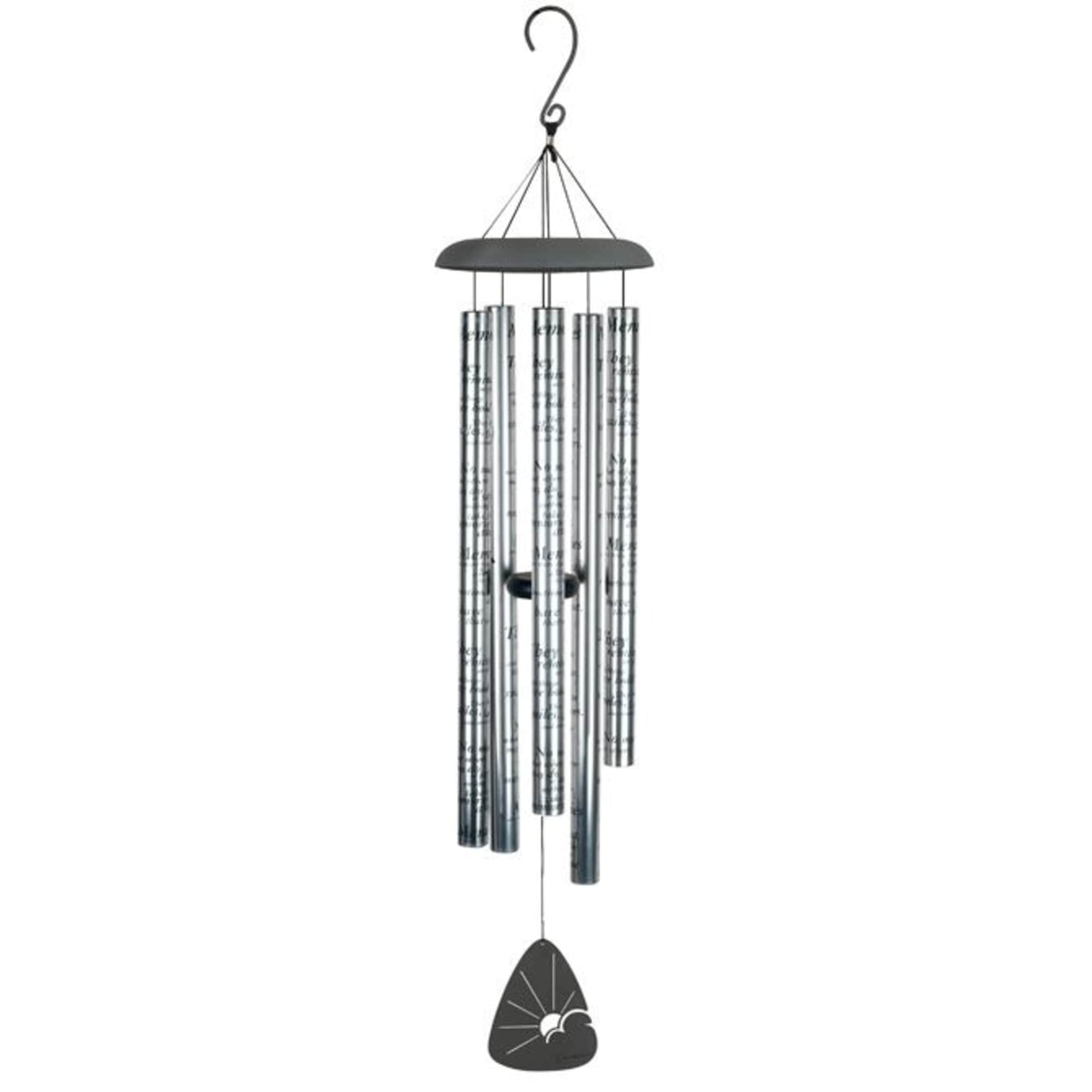 Metal wind chime with silver tubes and a black hanging clapper