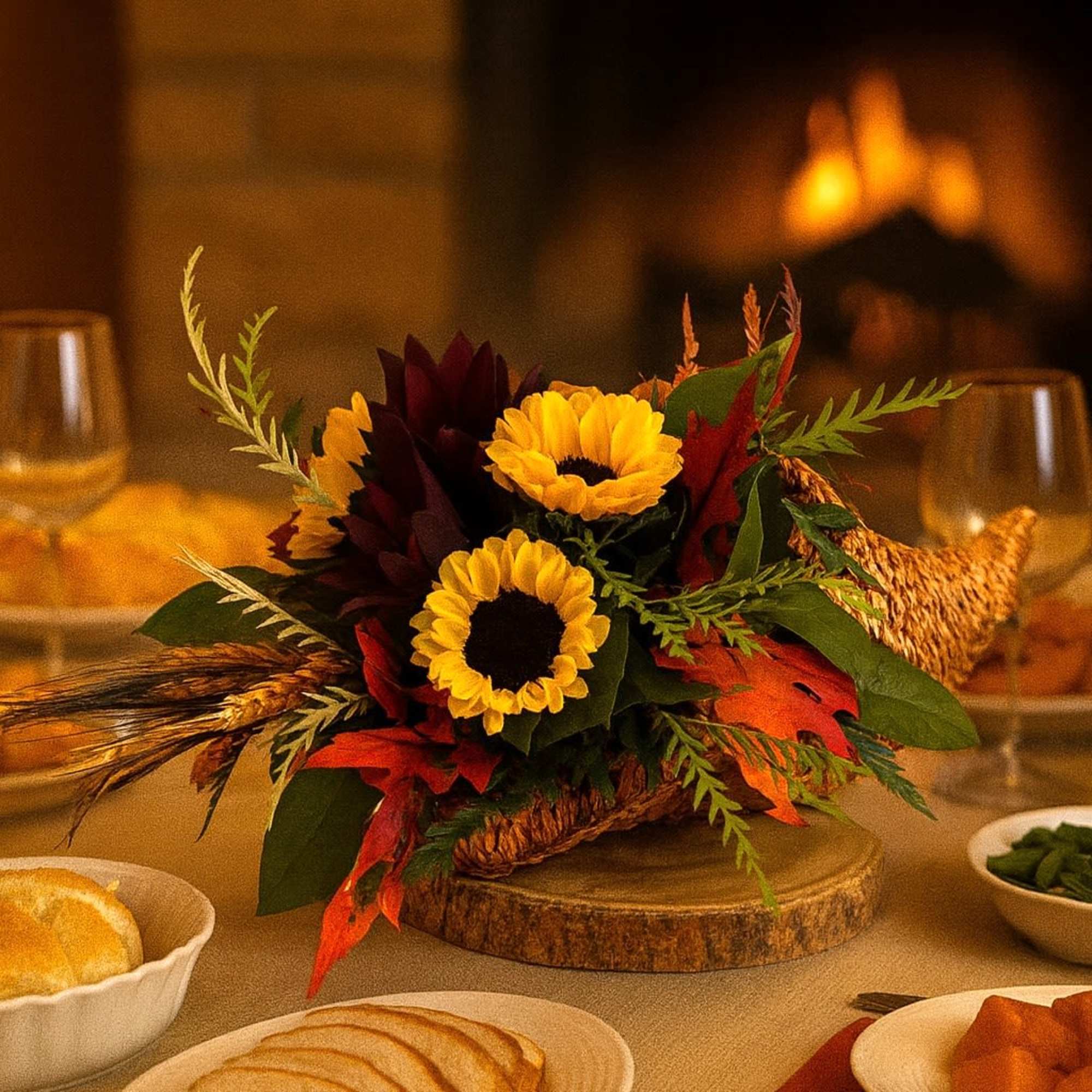 Low cornucopia centerpiece with yellow sunflowers and autumn leaves on a dinner table by a fireplace