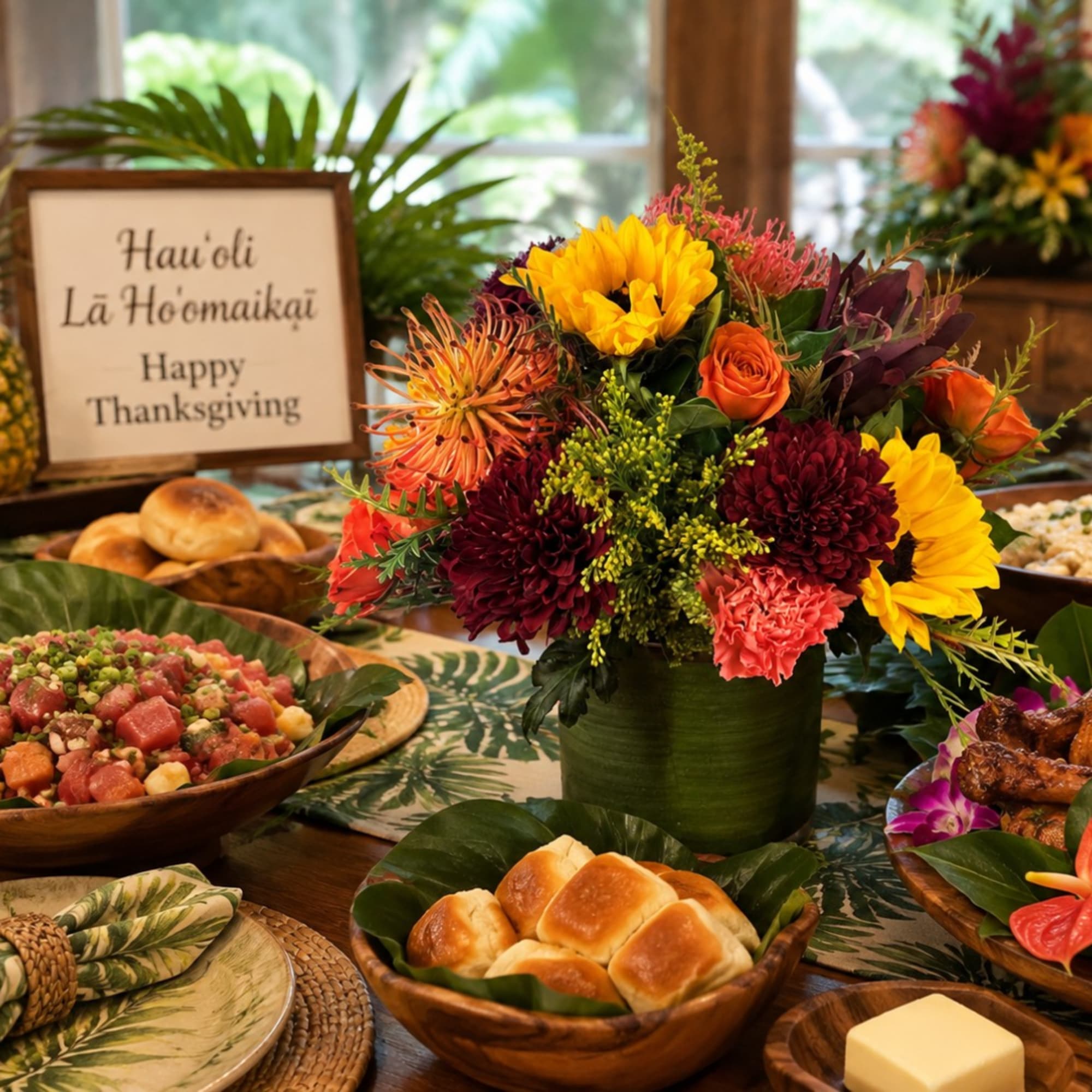 Colorful floral centerpiece in a green vase on a Thanksgiving table