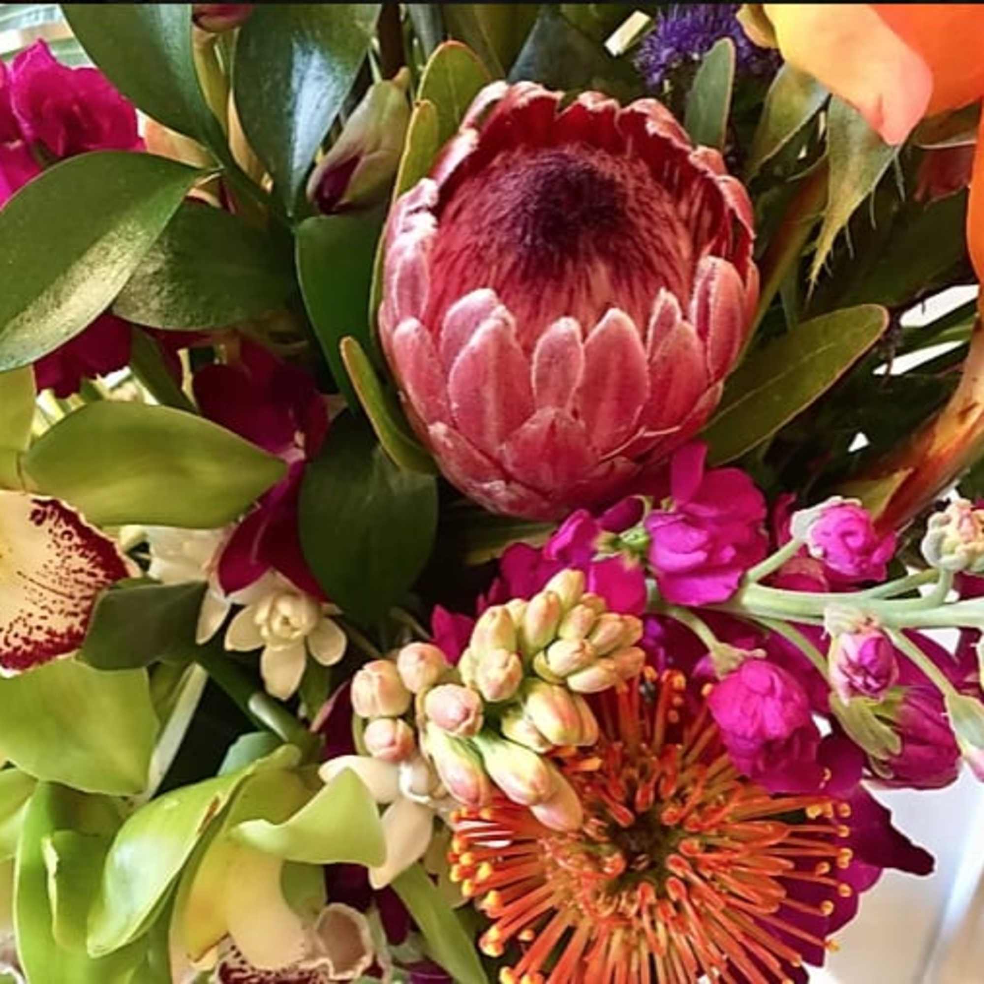 Tropical bouquet with protea, orchids, and bright pink flowers
