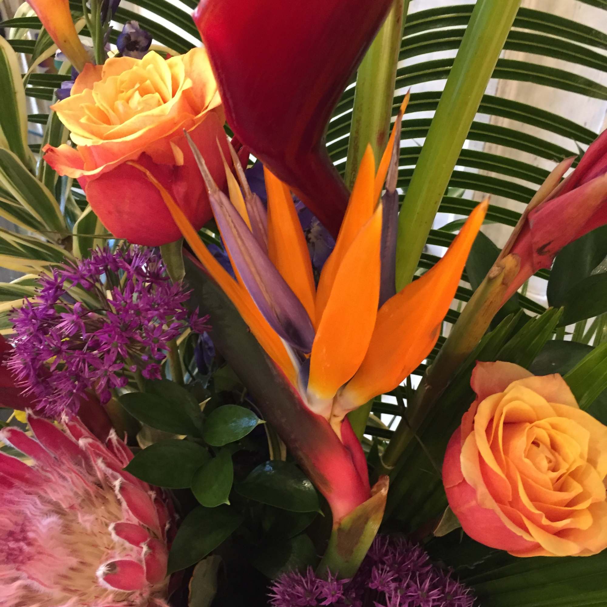 Tropical bouquet with orange roses and bird of paradise flowers