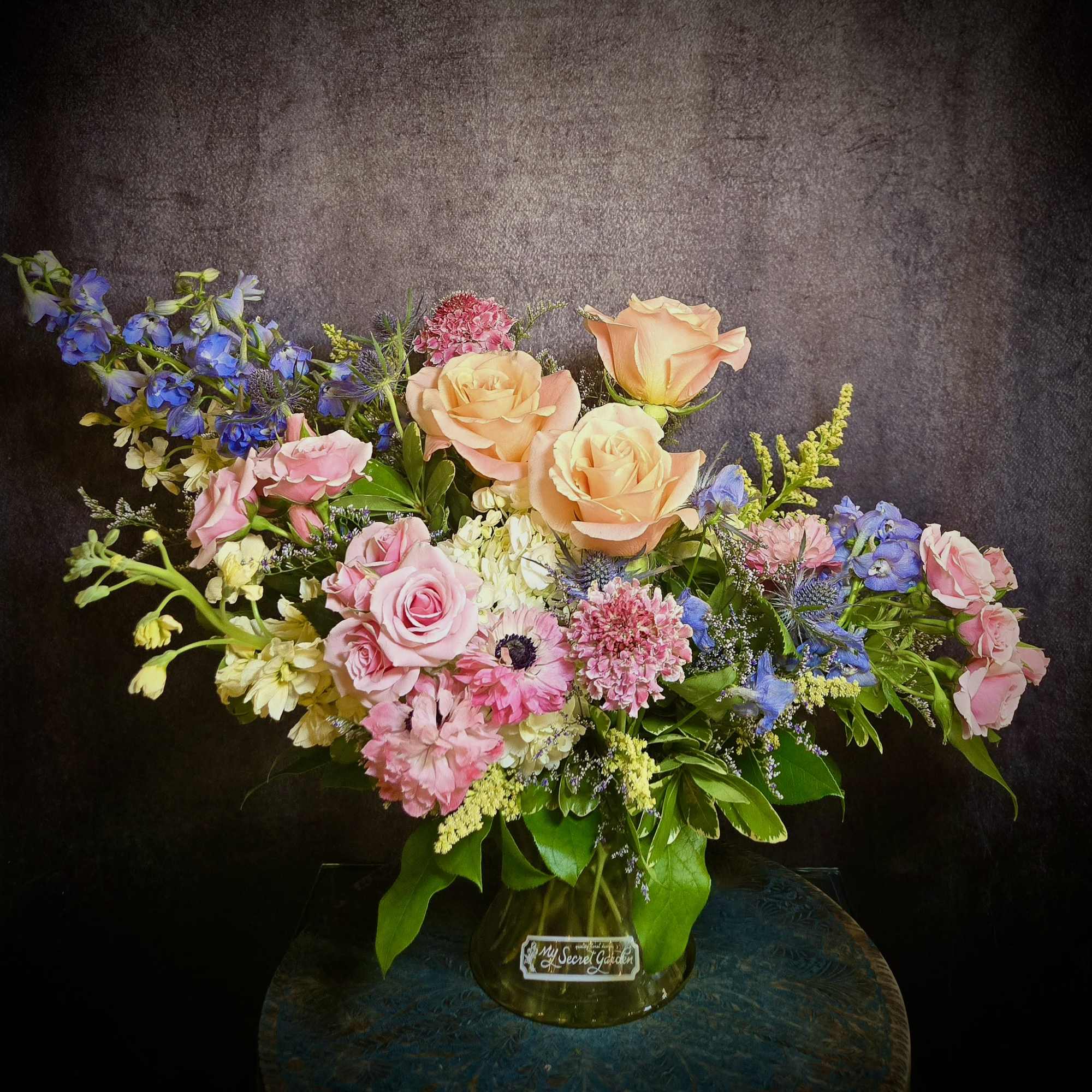 A romantic, soft and serene floral design in pastel colors of blue