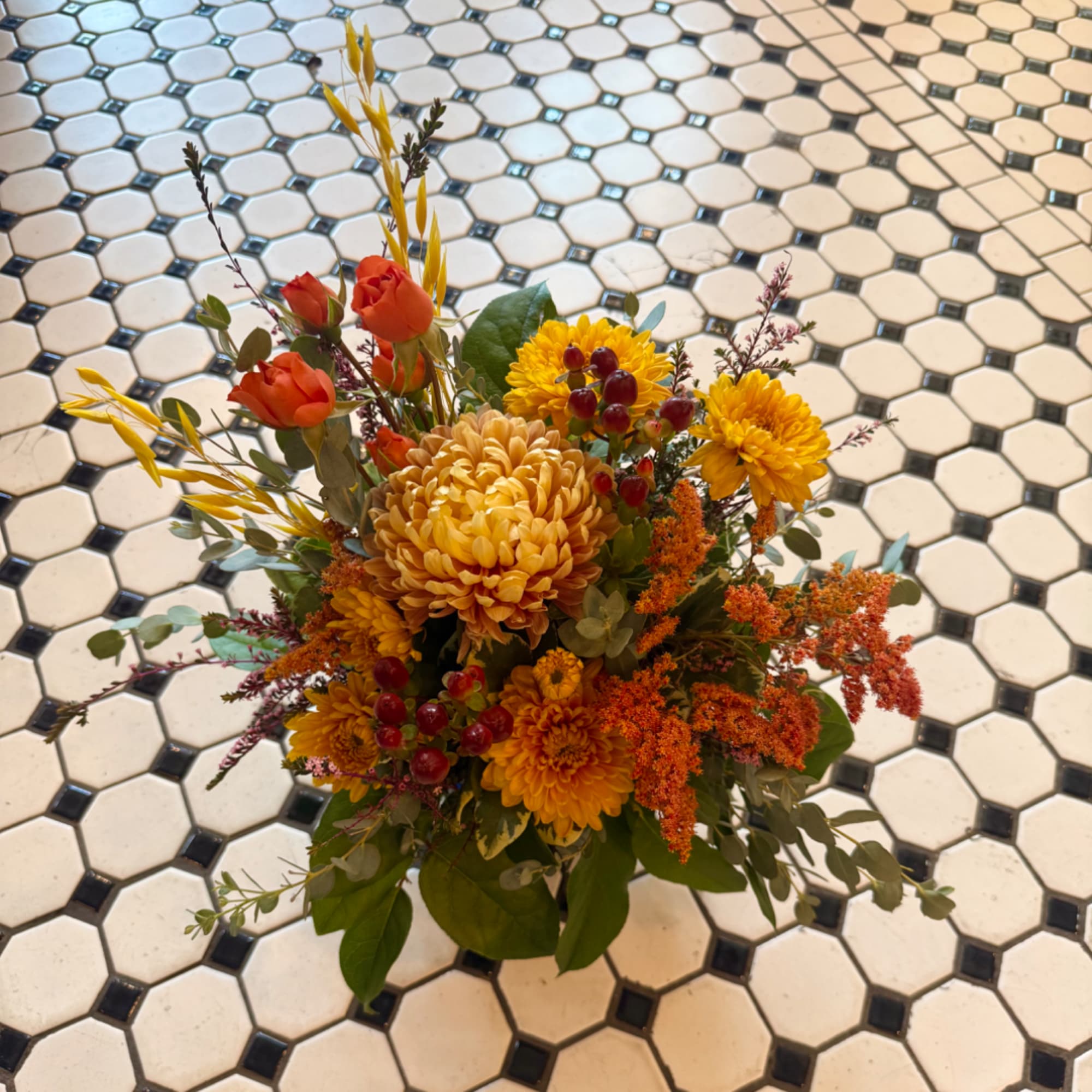 Orange and yellow mixed bouquet with chrysanthemums and roses