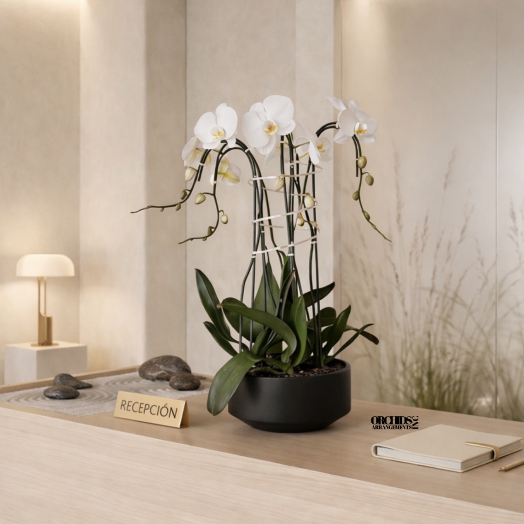 White orchid arrangement in a black pot on a reception desk