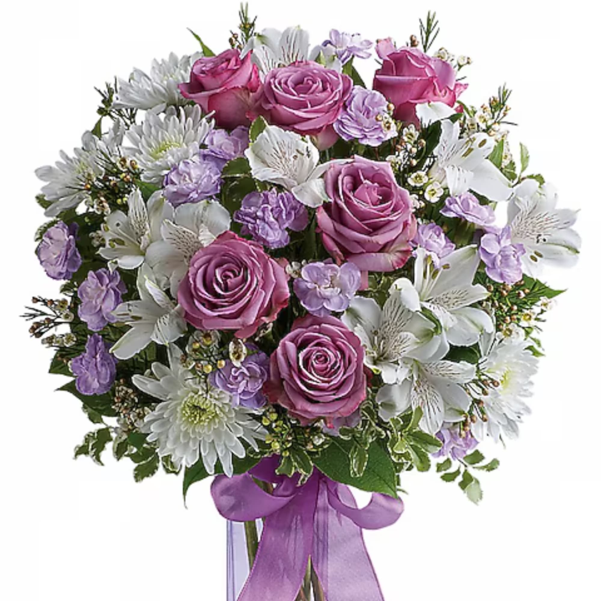 Bouquet of pink roses, white daisies, and lavender flowers tied with a purple ribbon