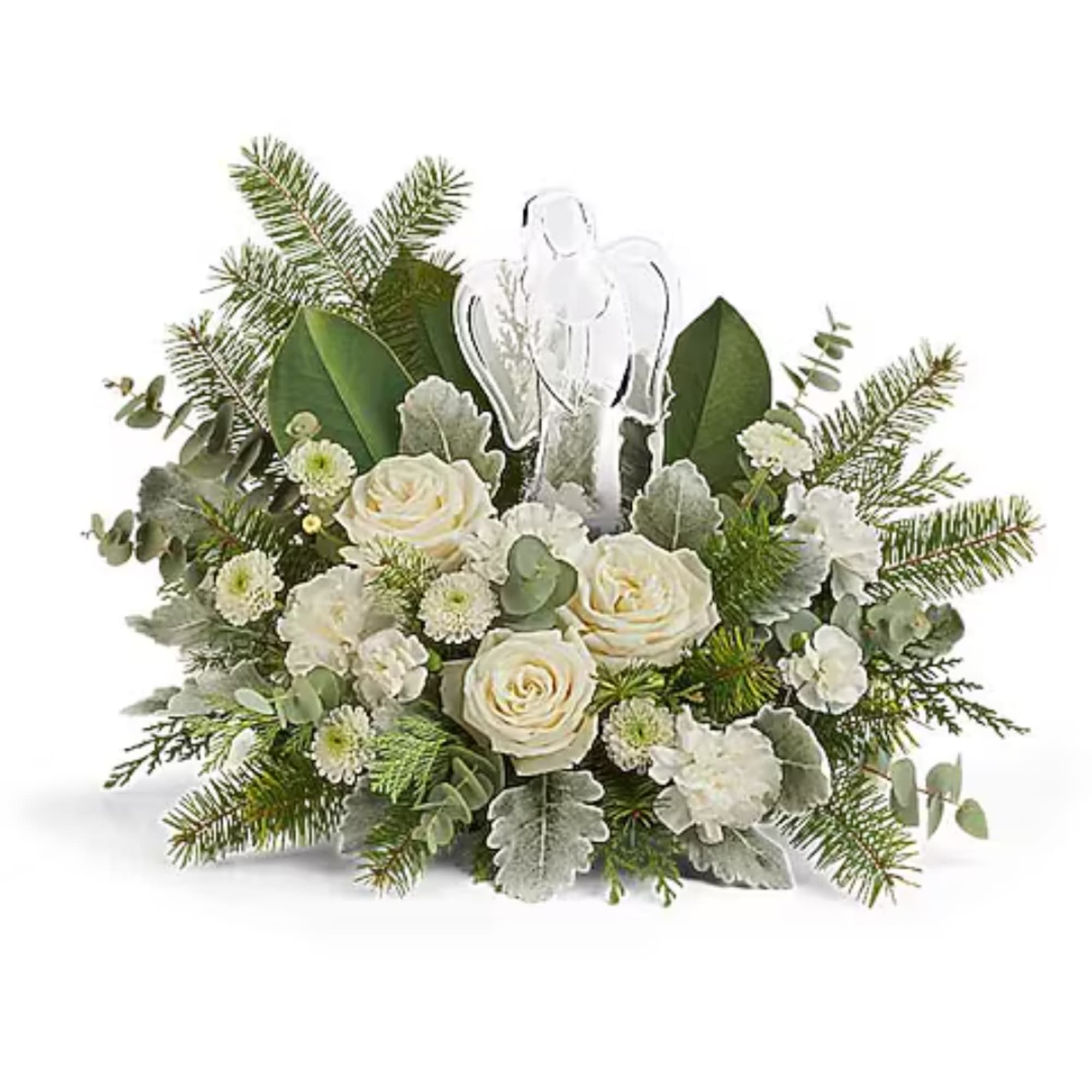 White rose bouquet with evergreen accents and a clear angel topper